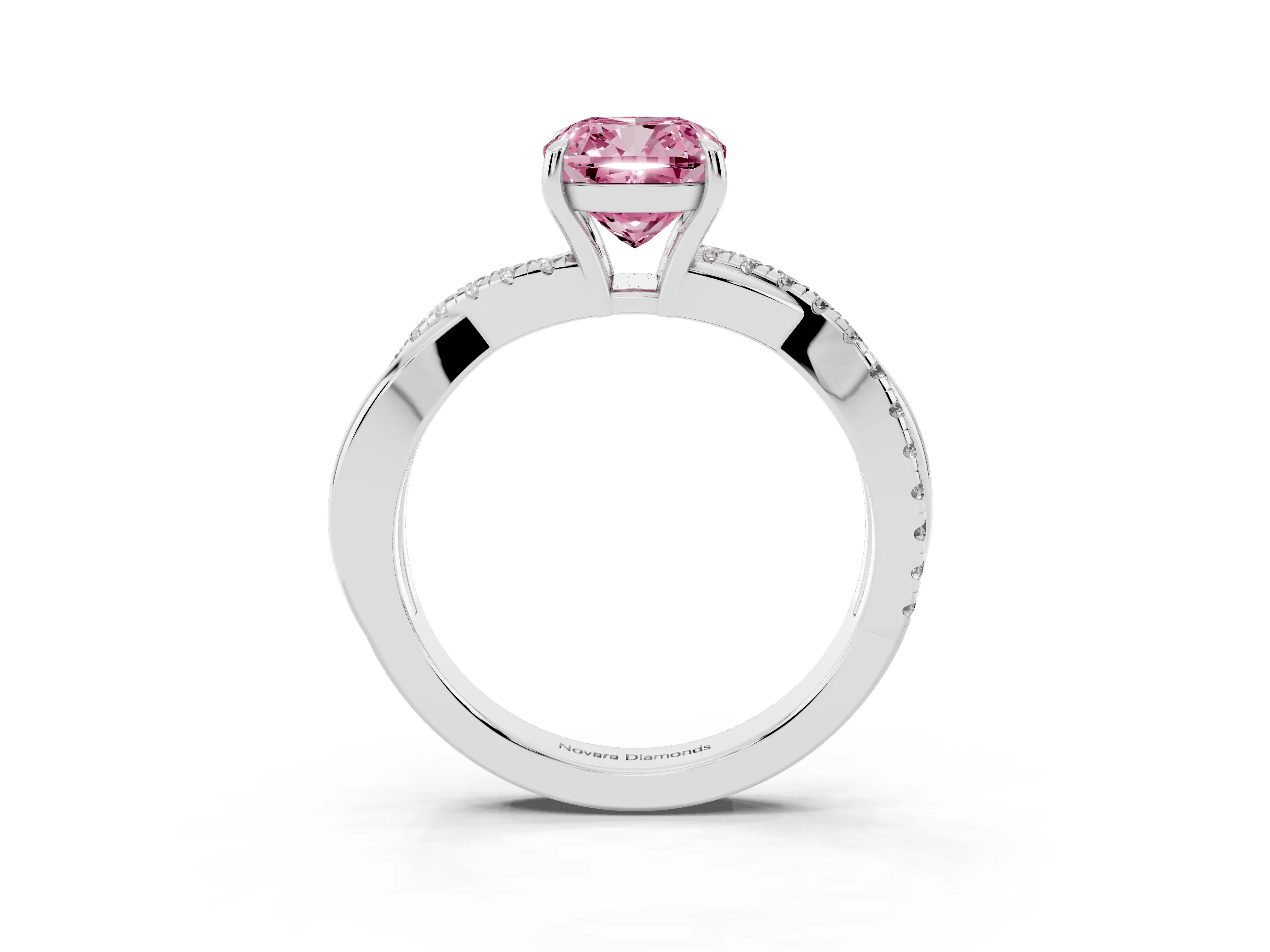 Fancy Pink Cushion Cut Diamond Twisted Pavé Band Ring Set in Platinum with Prong Setting