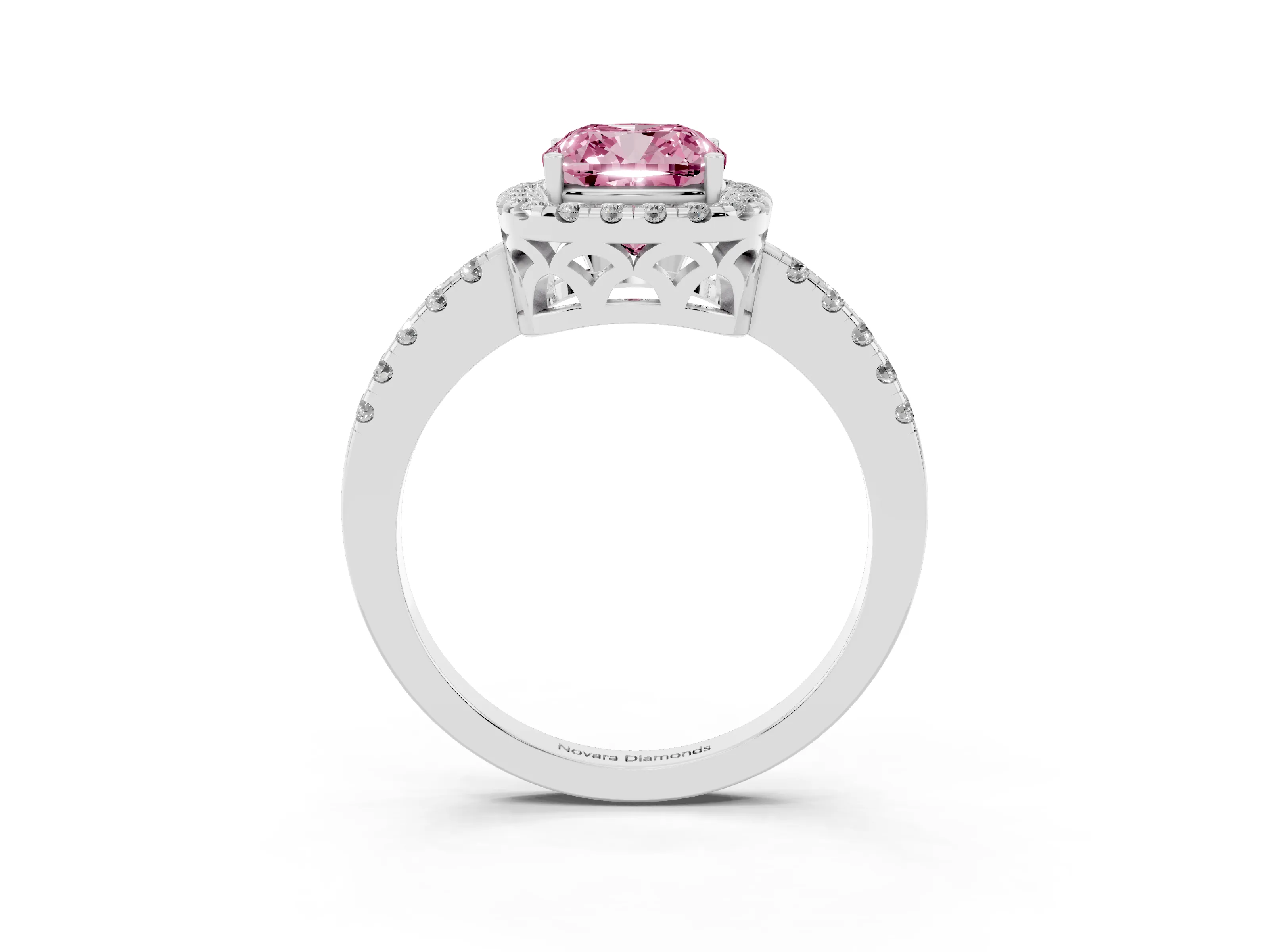 Fancy Pink Cushion Cut Diamond Pavé Band Halo Engagement Ring Set in Platinum with Prong Setting