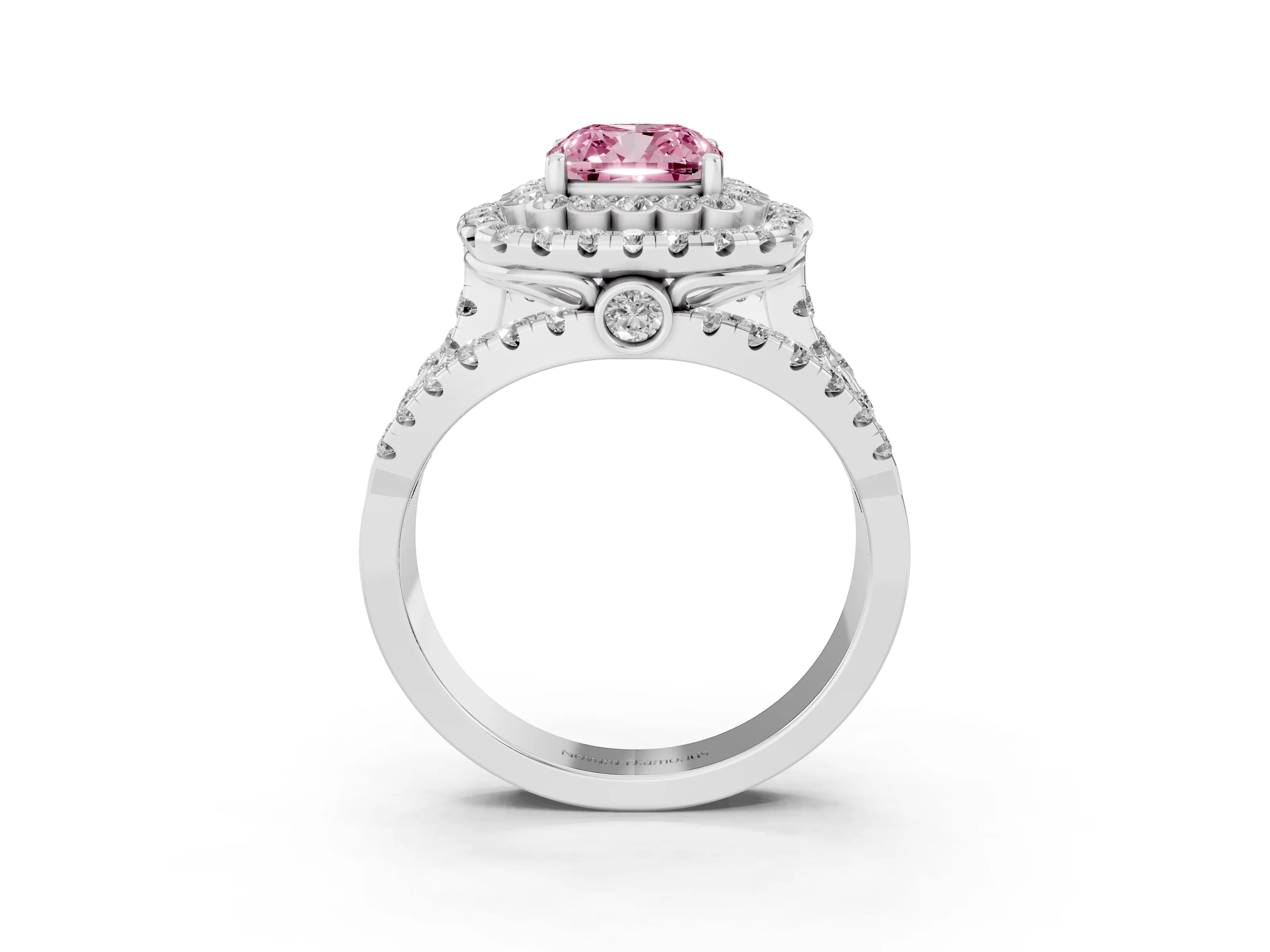 Fancy Pink Cushion Cut Diamond Double Halo Ring Set in Silver with Round Pavé Split Shank