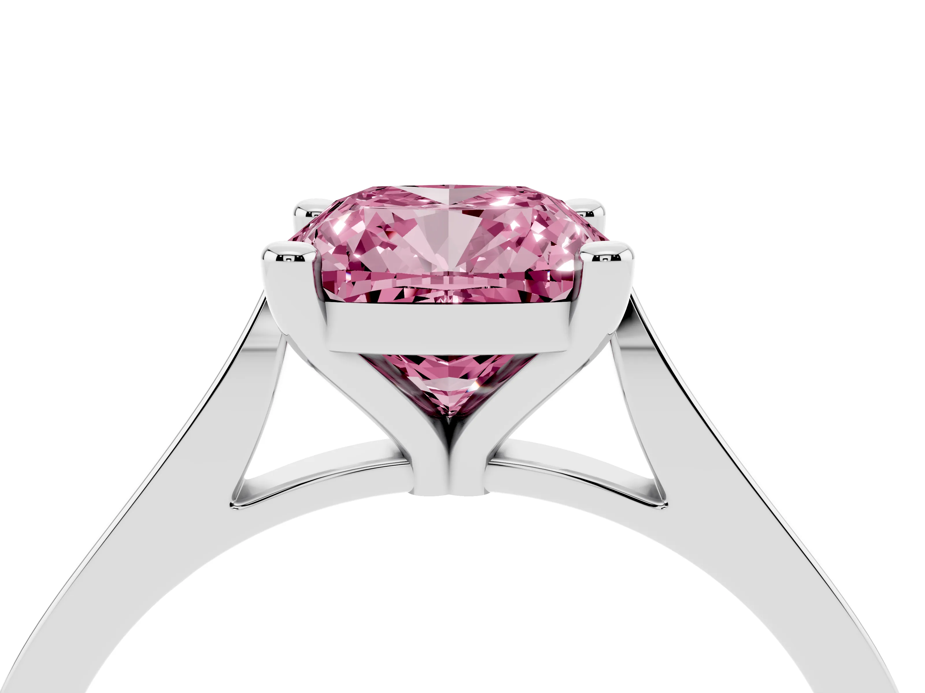 Fancy Pink Cushion Cut Diamond Solitaire Ring Set in Platinum with Prong Setting and Tapered Band