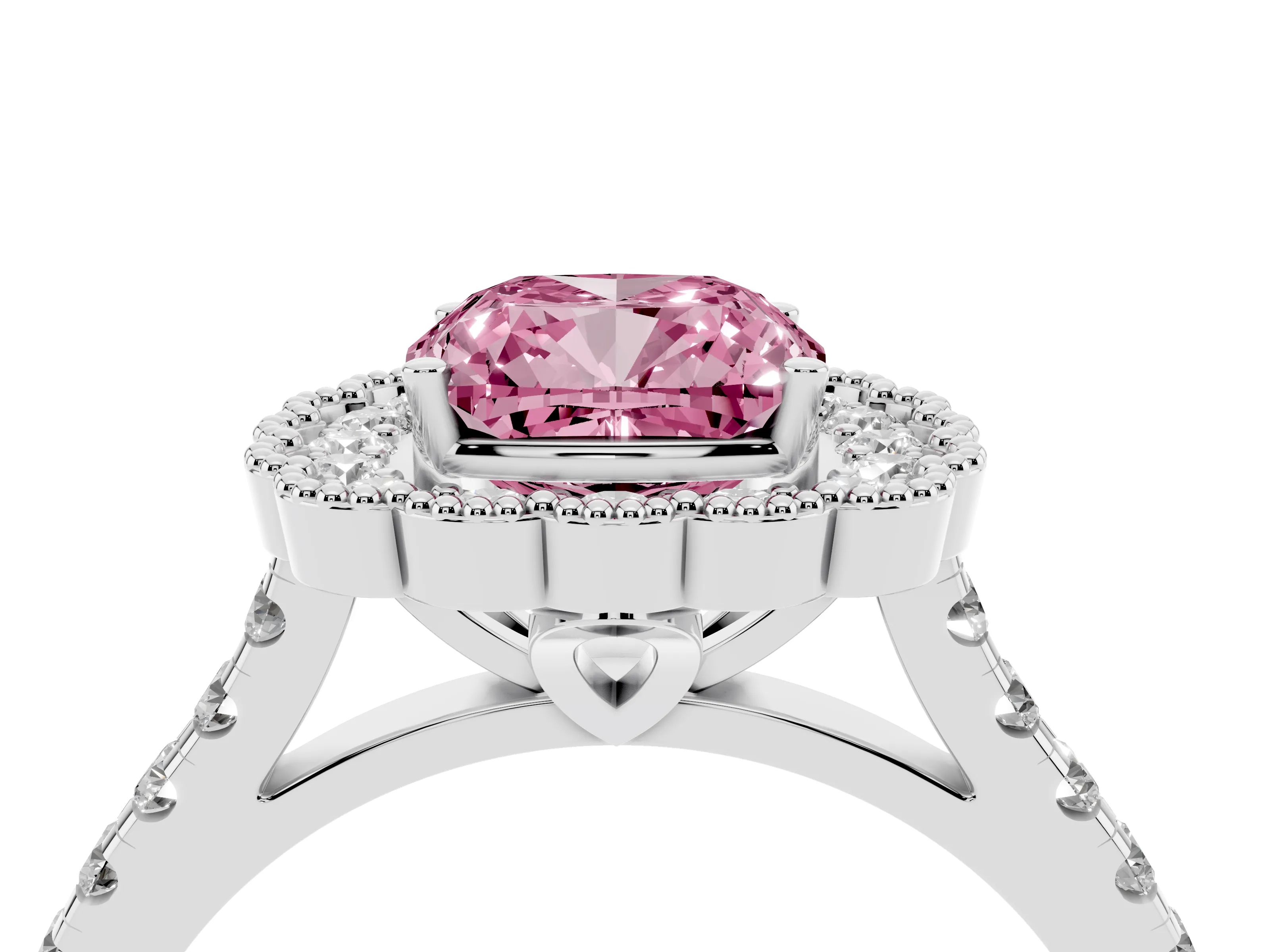 Fancy Pink Cushion Cut Diamond Milgrain Floral Halo Engagement Ring Set in White gold with Pavé Band
