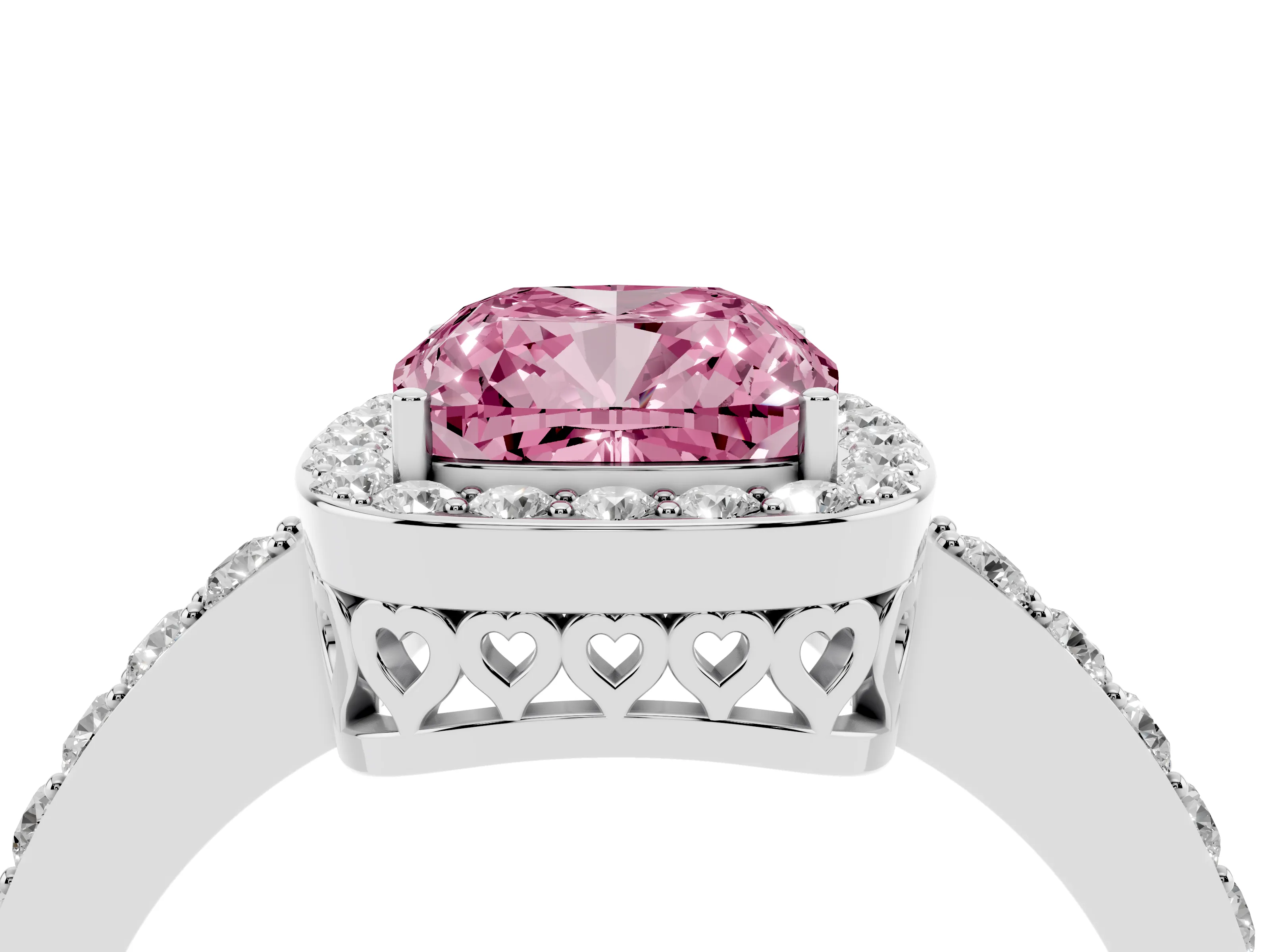 Fancy Pink Cushion Cut Diamond Halo Ring Set in White gold with Pavé-Setting Band and Open Prong Center