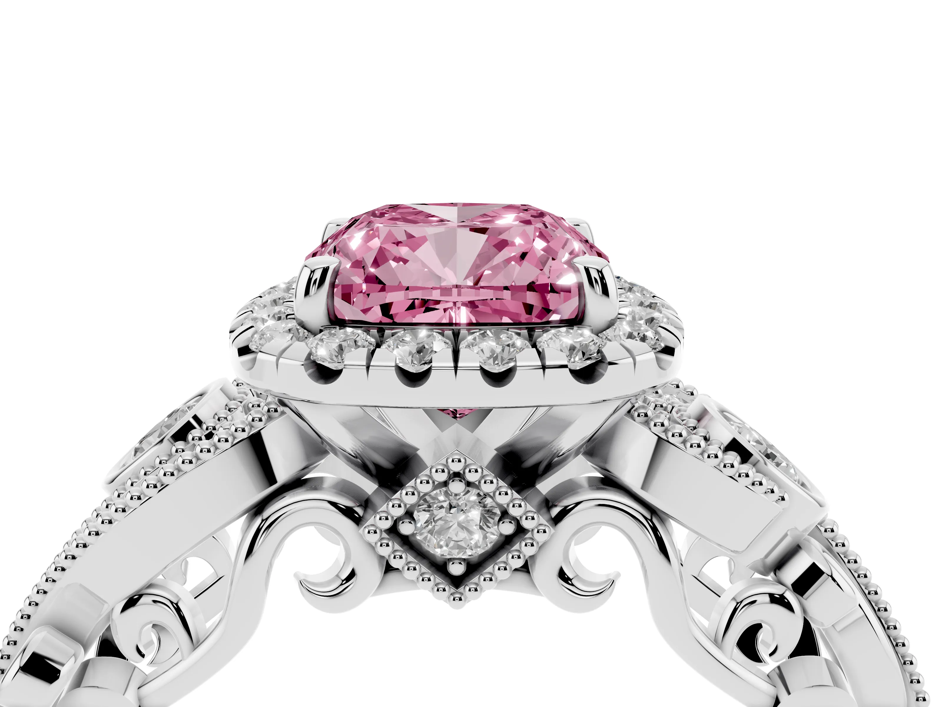 Fancy Pink Cushion Cut Diamond Halo Ring Set in Platinum with Milgrain Pavé Band and Prong Setting