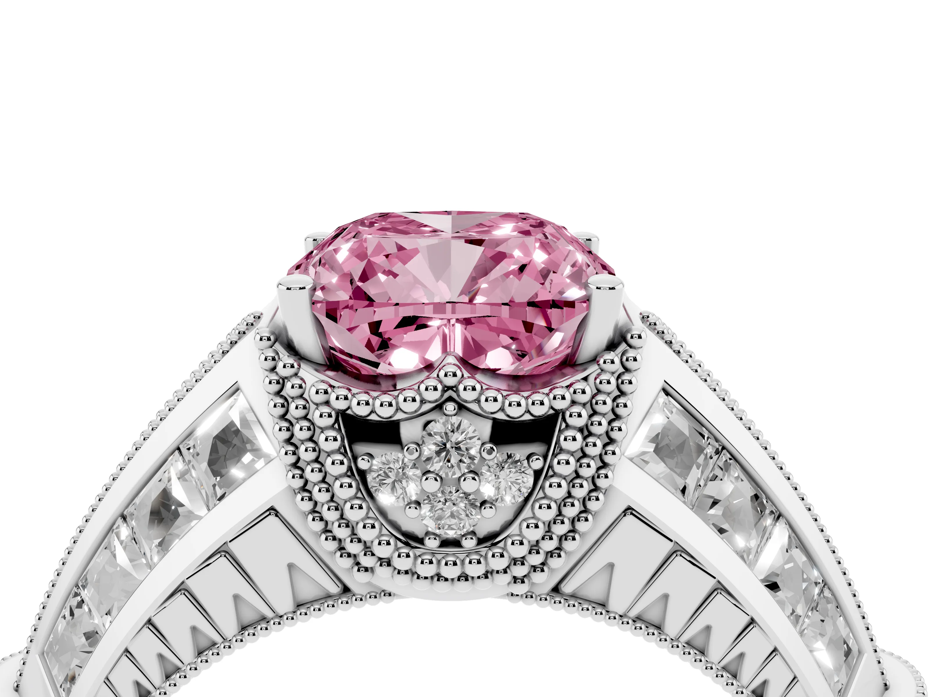Fancy Pink Cushion Cut Diamond Vintage-Inspired Milgrain Ring Set in Silver with Accent Split Shank