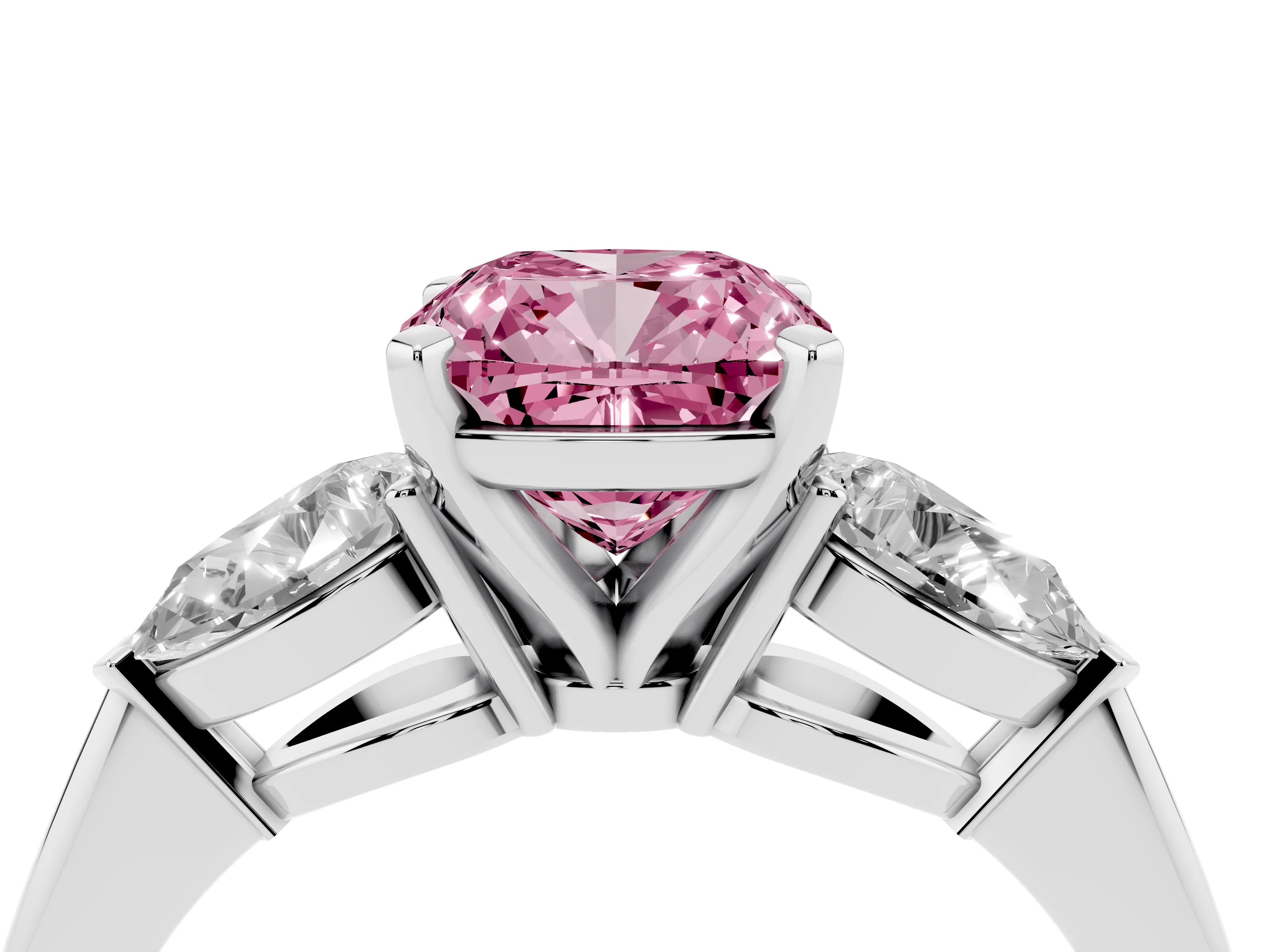 Fancy Pink Three-Stone Cushion Cut Diamond Ring Set in Platinum with Pear Side Stones and Prong Setting