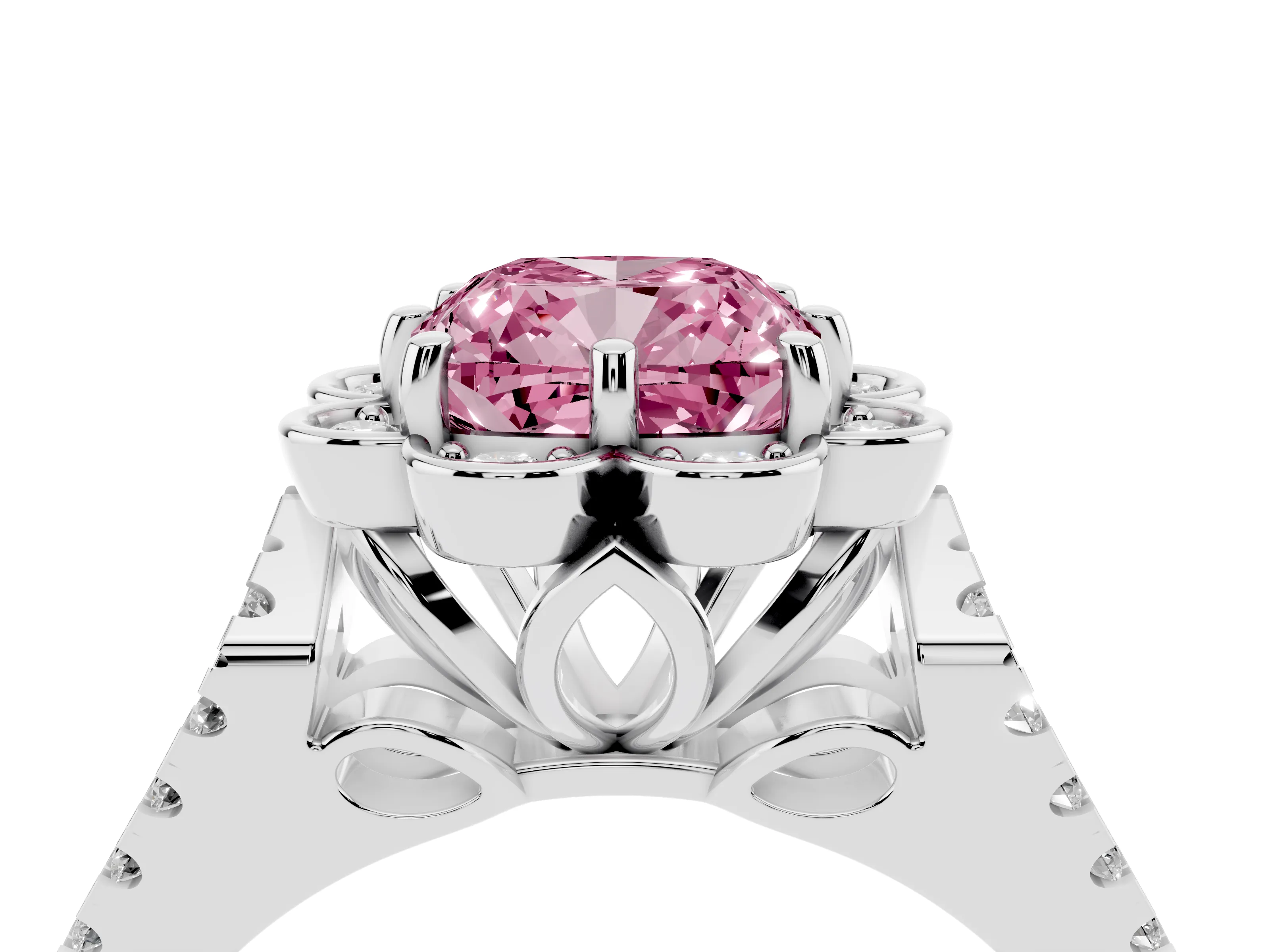 Fancy Pink Cushion Cut Diamond Floral Halo Split Shank Engagement Ring Set in Silver with Pavé Shank