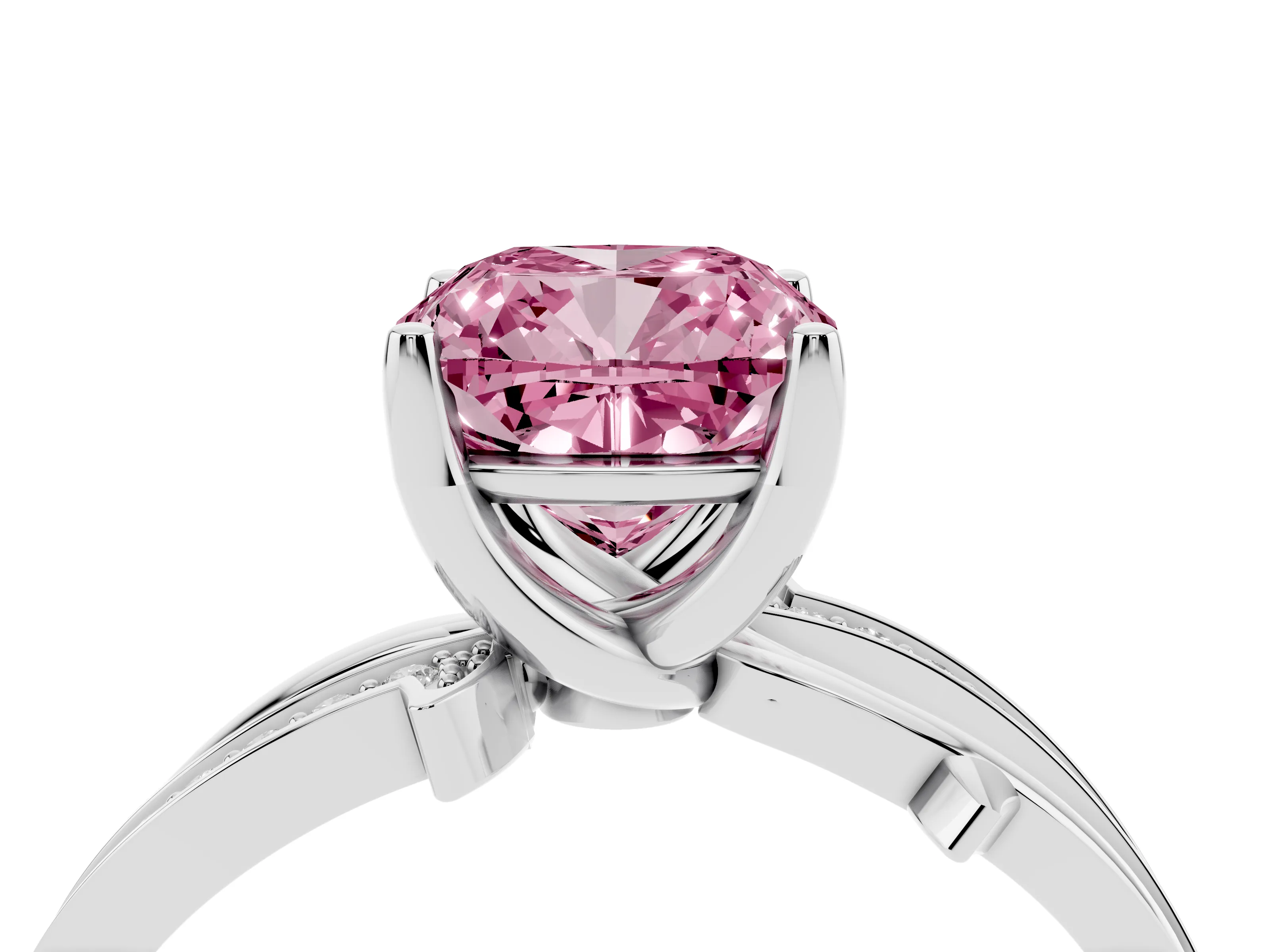 Fancy Pink Cushion Cut Diamond Pavé Twist Band Solitaire Ring Set in Silver with Prong Setting