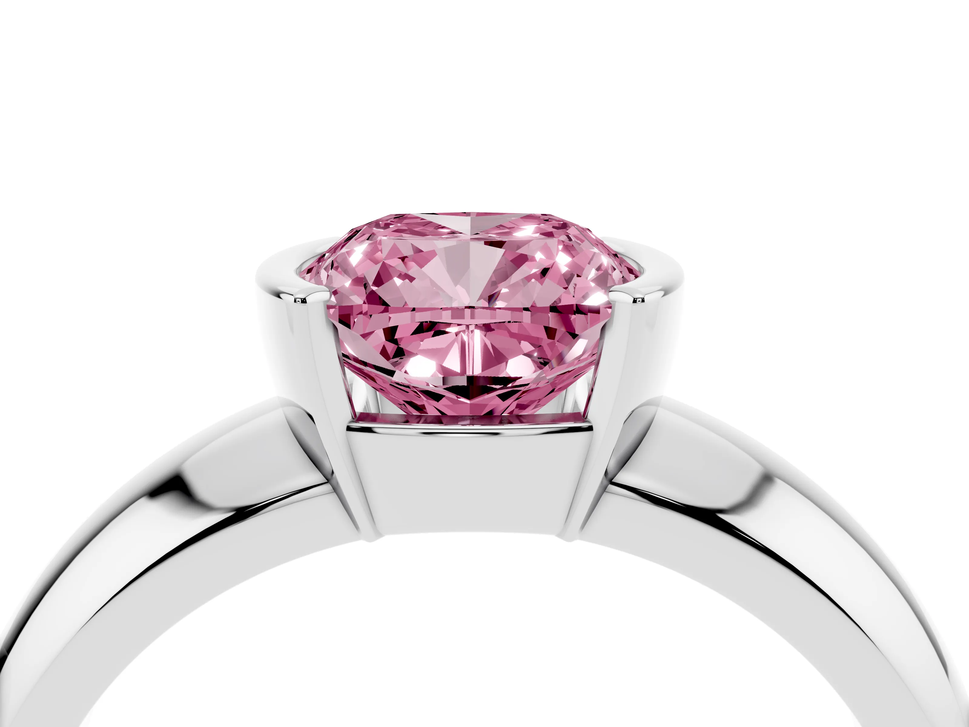 Fancy Pink Cushion Cut Diamond Solitaire Tension Set Ring Set in Silver with Wide Band