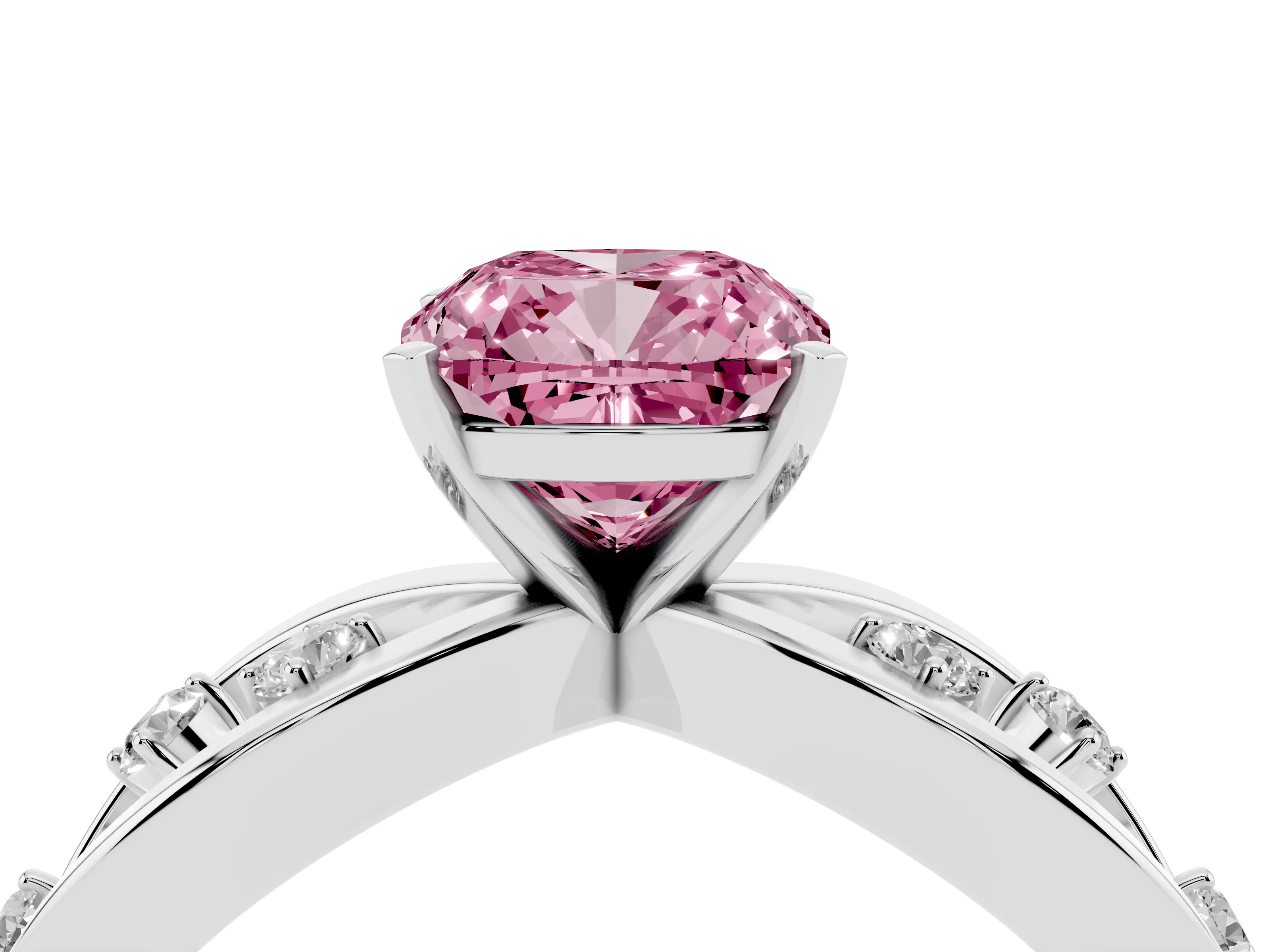 Fancy Pink Cushion Cut Diamond Solitaire Ring Set in Silver with Side Stones on Criss-Cross Band and Prong Setting