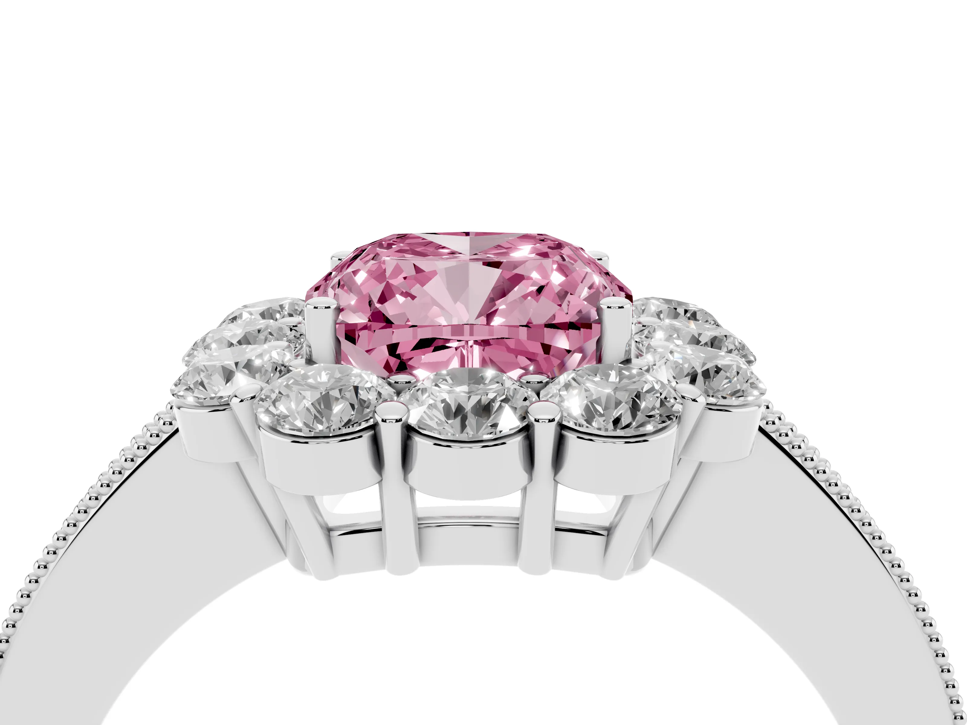 Fancy Pink Cushion Cut Diamond Halo Pavé Engagement Ring Set in Silver with Milgrain Detailing