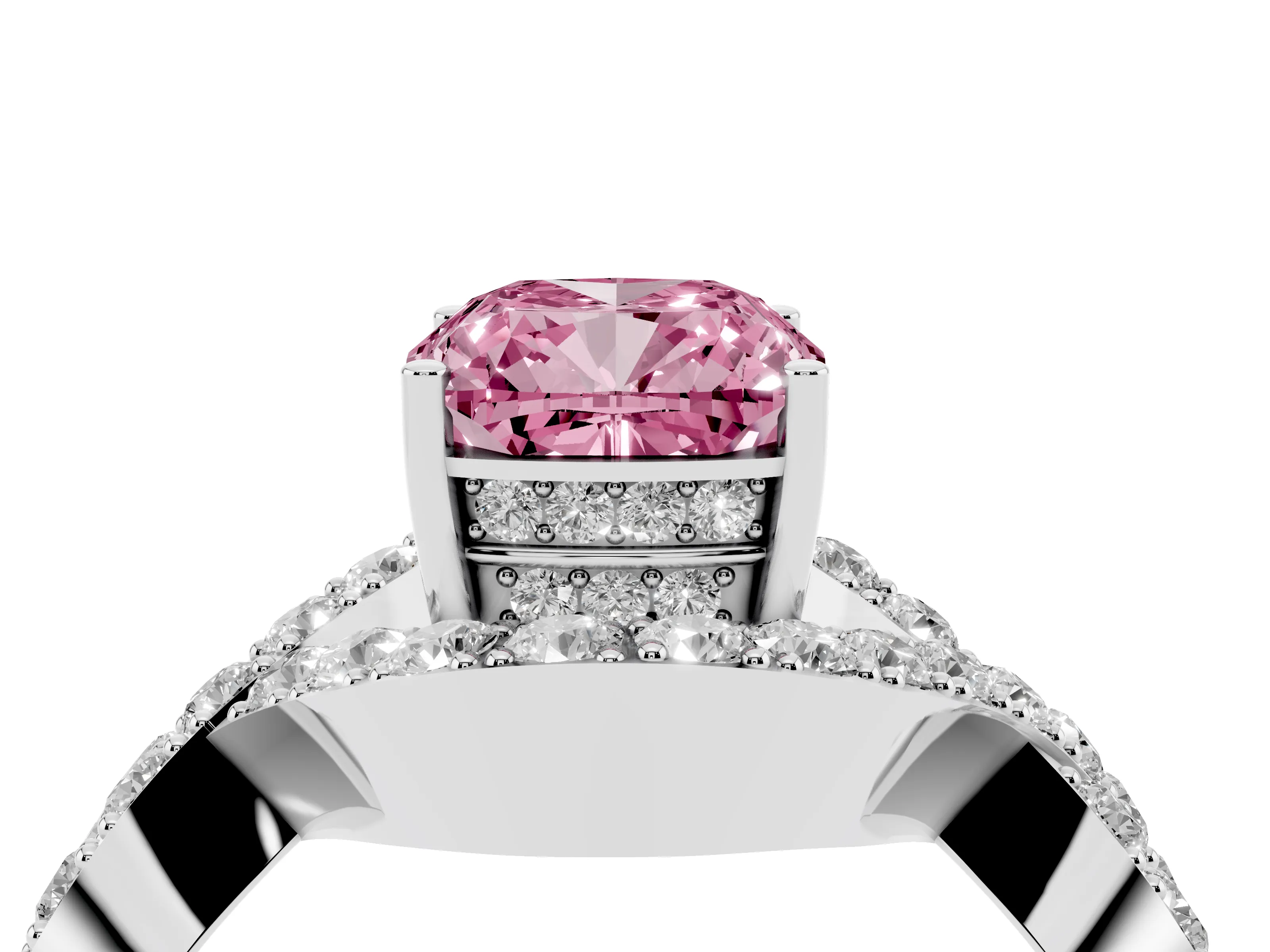 Fancy Pink Cushion Cut Diamond Solitaire Twist Band Pavé Engagement Ring Set in Platinum