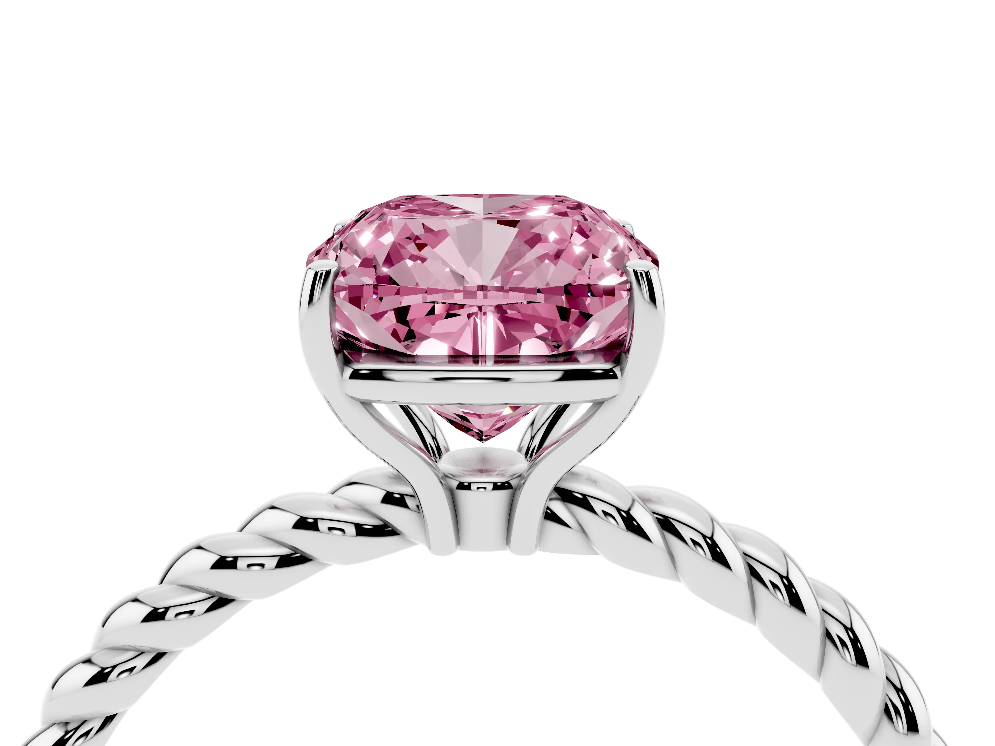 Fancy Pink Cushion Cut Diamond Solitaire Ring Set in White gold with Twist Band and Prong Setting