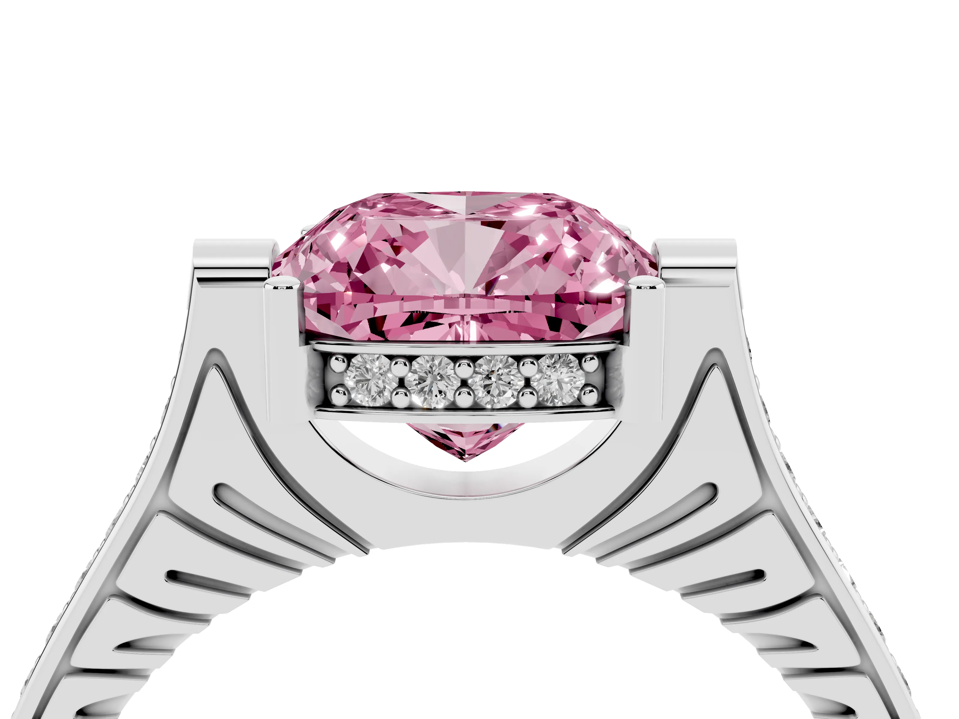 Fancy Pink Cushion Cut Diamond Solitaire Ring Set in White gold with Channel Set Band and Bezel Prong Setting