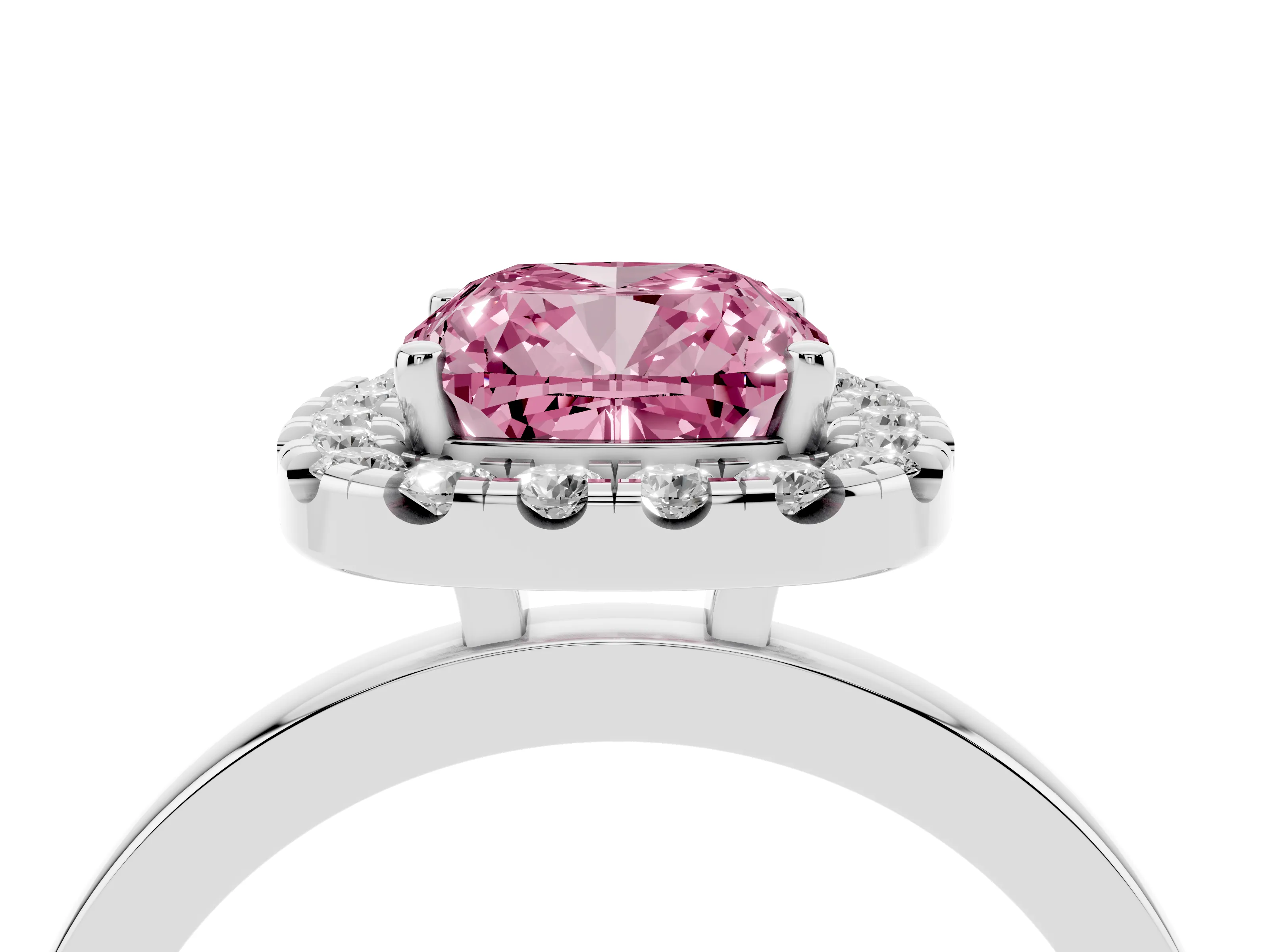 Fancy Pink Cushion Cut Diamond Halo Solitaire Ring Set in Silver with Pavé Band and Prong Setting