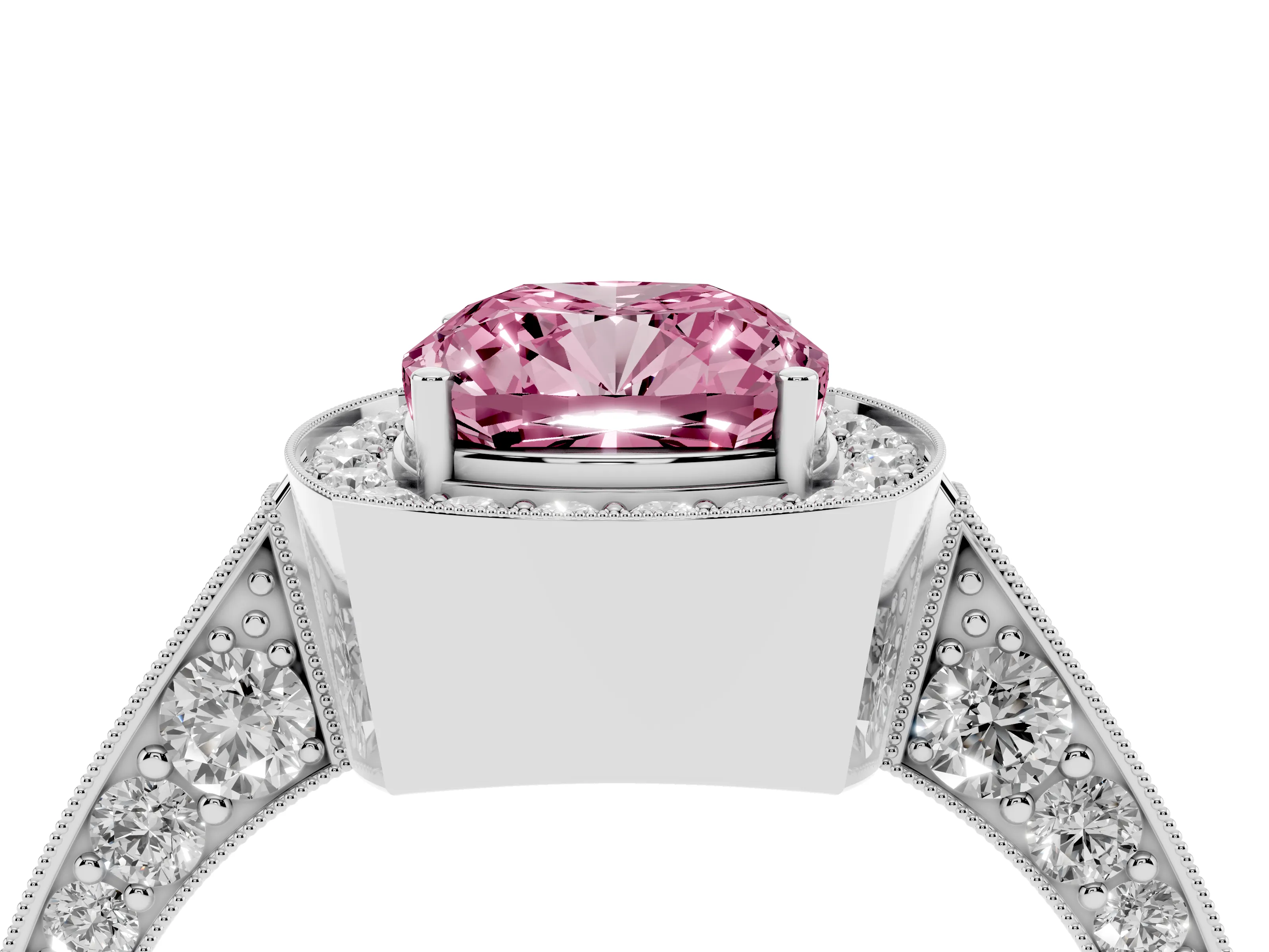 Fancy Pink Cushion Cut Diamond Halo Engagement Ring Set in Silver with Accent Split Shank Band