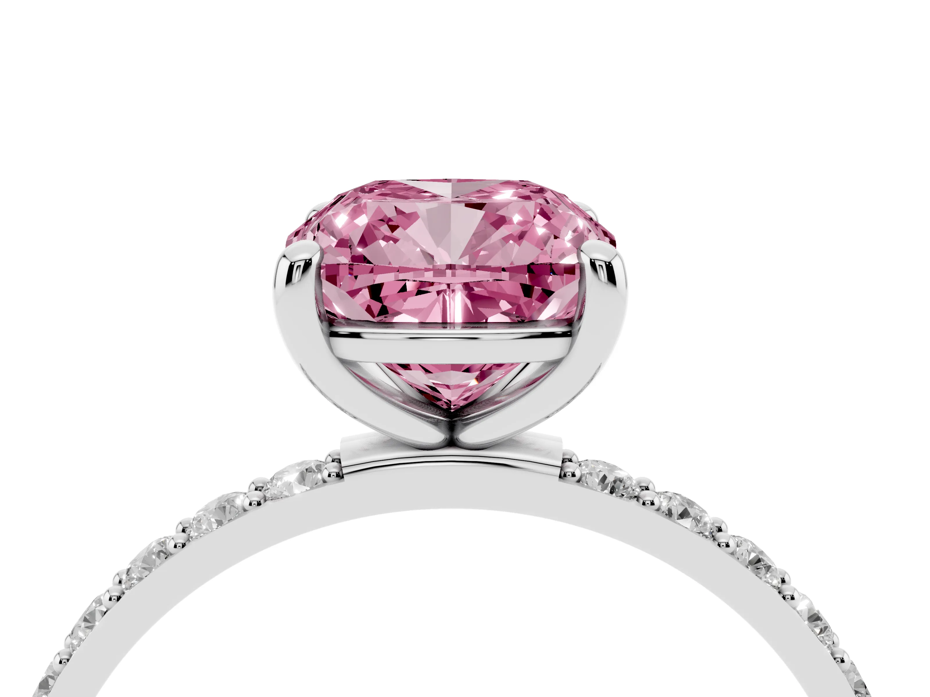 Fancy Pink Cushion Cut Diamond Solitaire Ring Set in Platinum with Round Pavé Band and Prong Setting