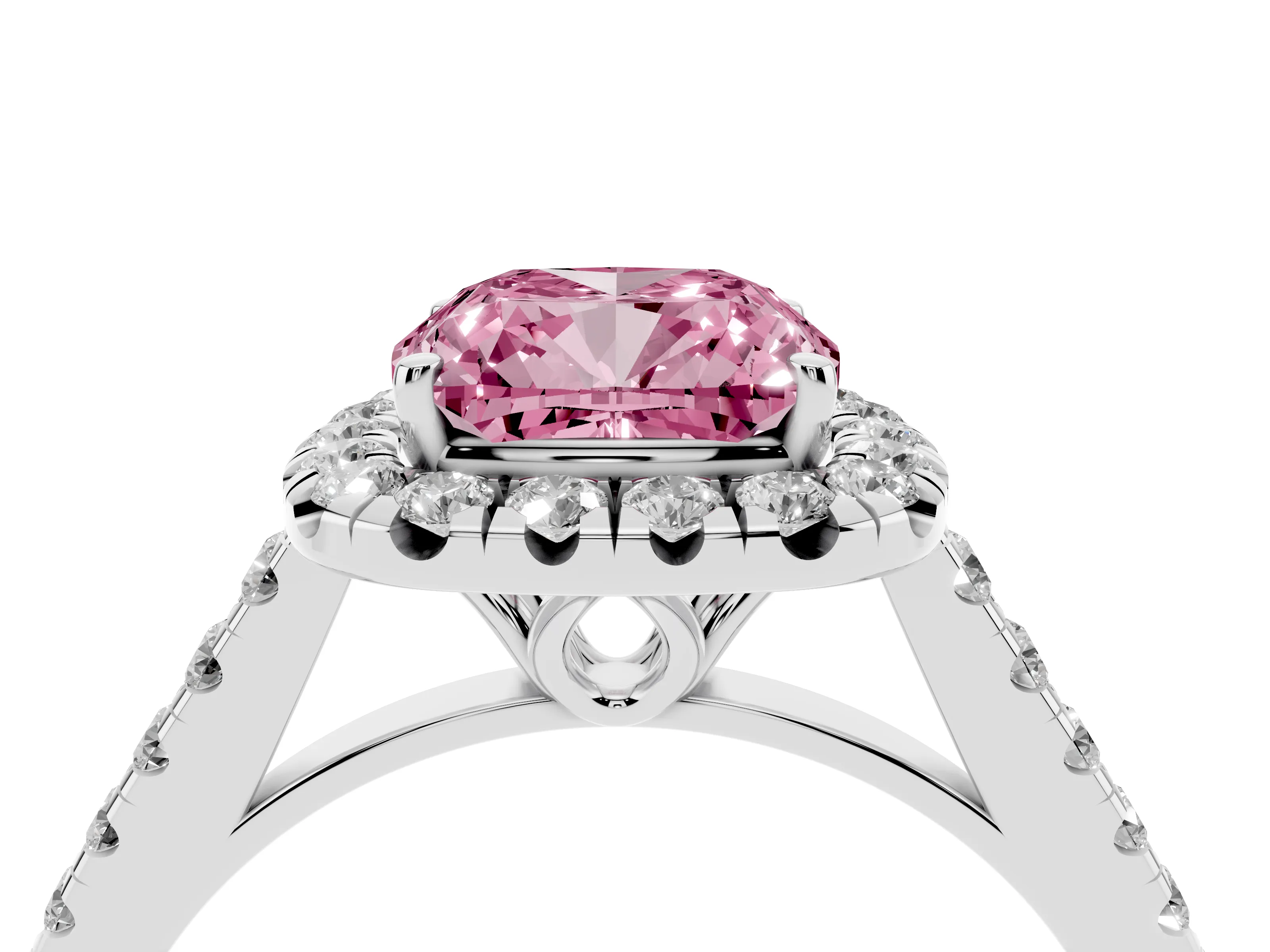 Fancy Pink Cushion Cut Diamond Pavé Halo Engagement Ring Set in Platinum with Pavé Band and Prong Setting