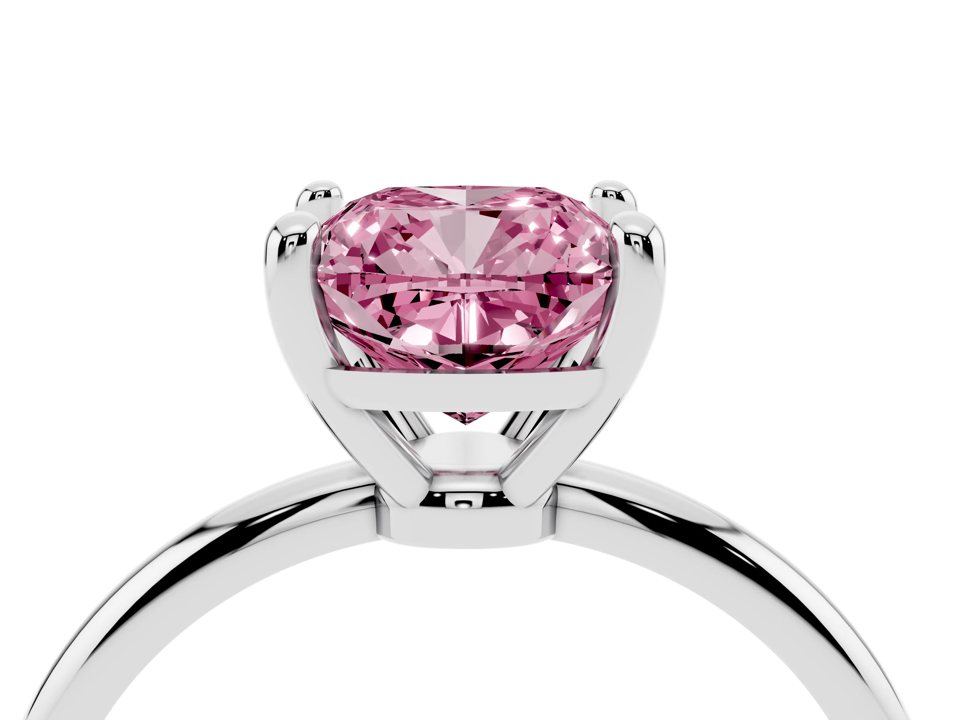 Fancy Pink Cushion Cut Diamond Solitaire Ring Set in Platinum with Secure Prong Setting on a Classic Band