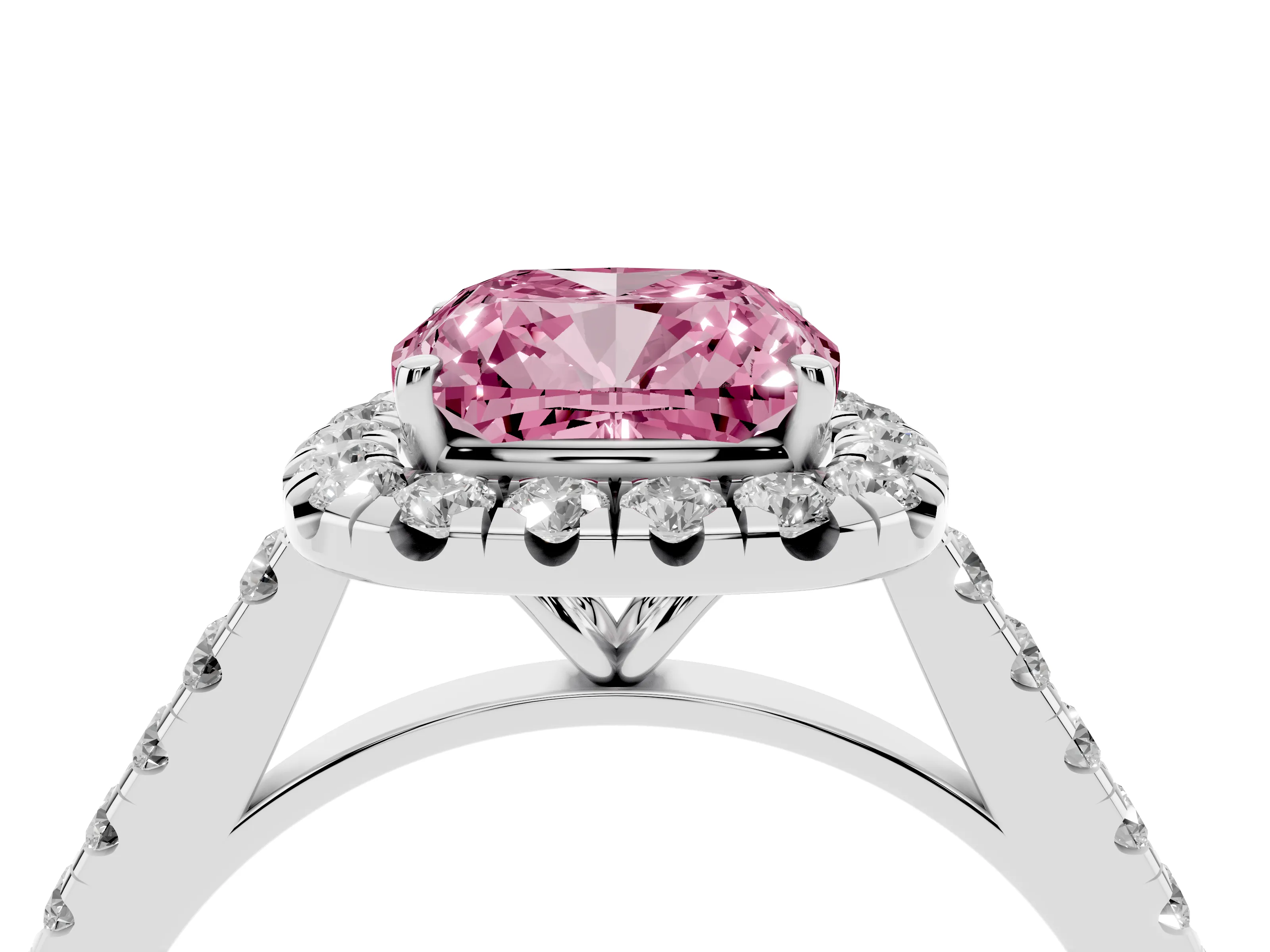 Fancy Pink Cushion Cut Diamond Halo Pavé Engagement Ring Set in White gold with Prong Setting