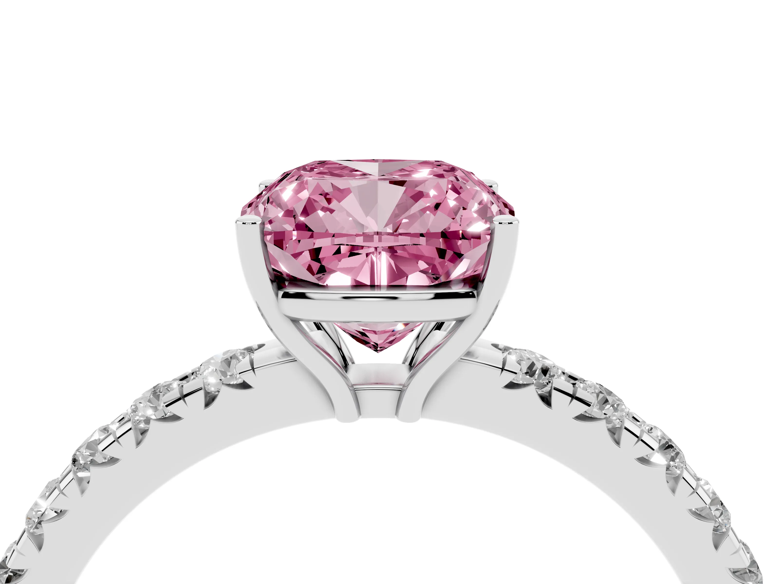 Fancy Pink Cushion Cut Diamond Pavé Solitaire Engagement Ring Set in White gold with Prong Setting