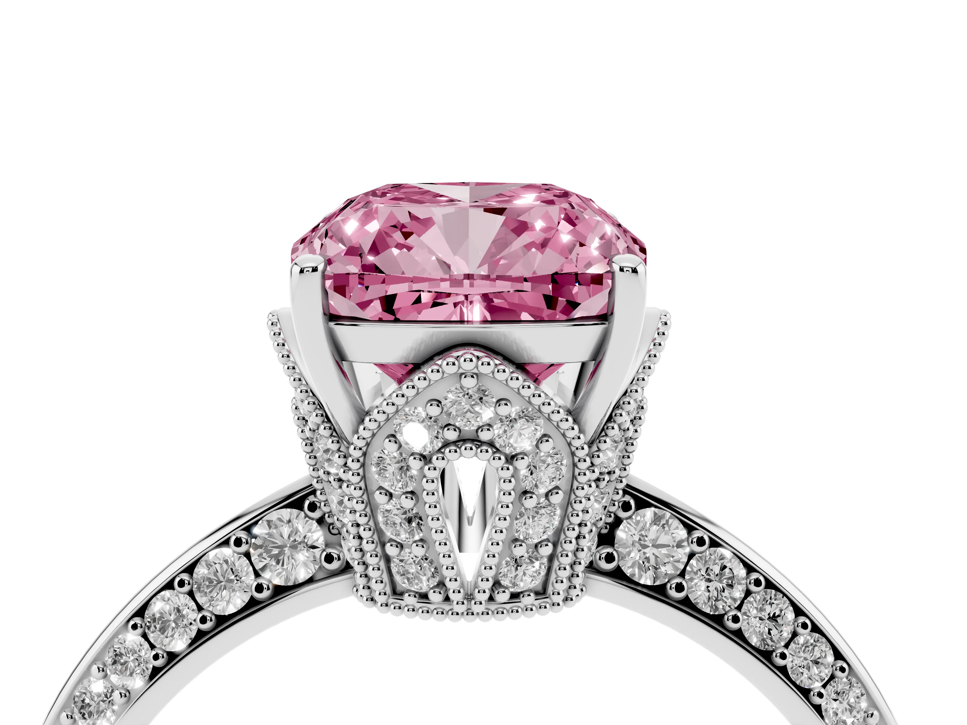 Fancy Pink Cushion Cut Diamond Solitaire Engagement Ring Set in Platinum with Pavé Split Shank and Prong Setting