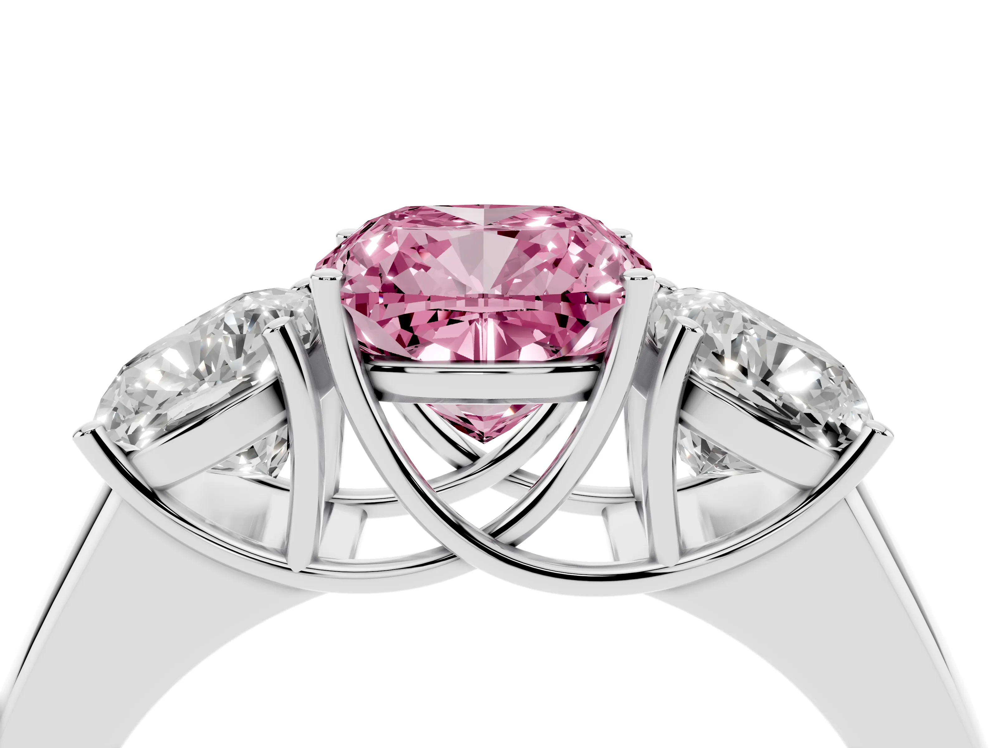 Fancy Pink Three-Stone Cushion Cut Diamond Ring Set in Silver with Matching Prong Settings and Plain Band