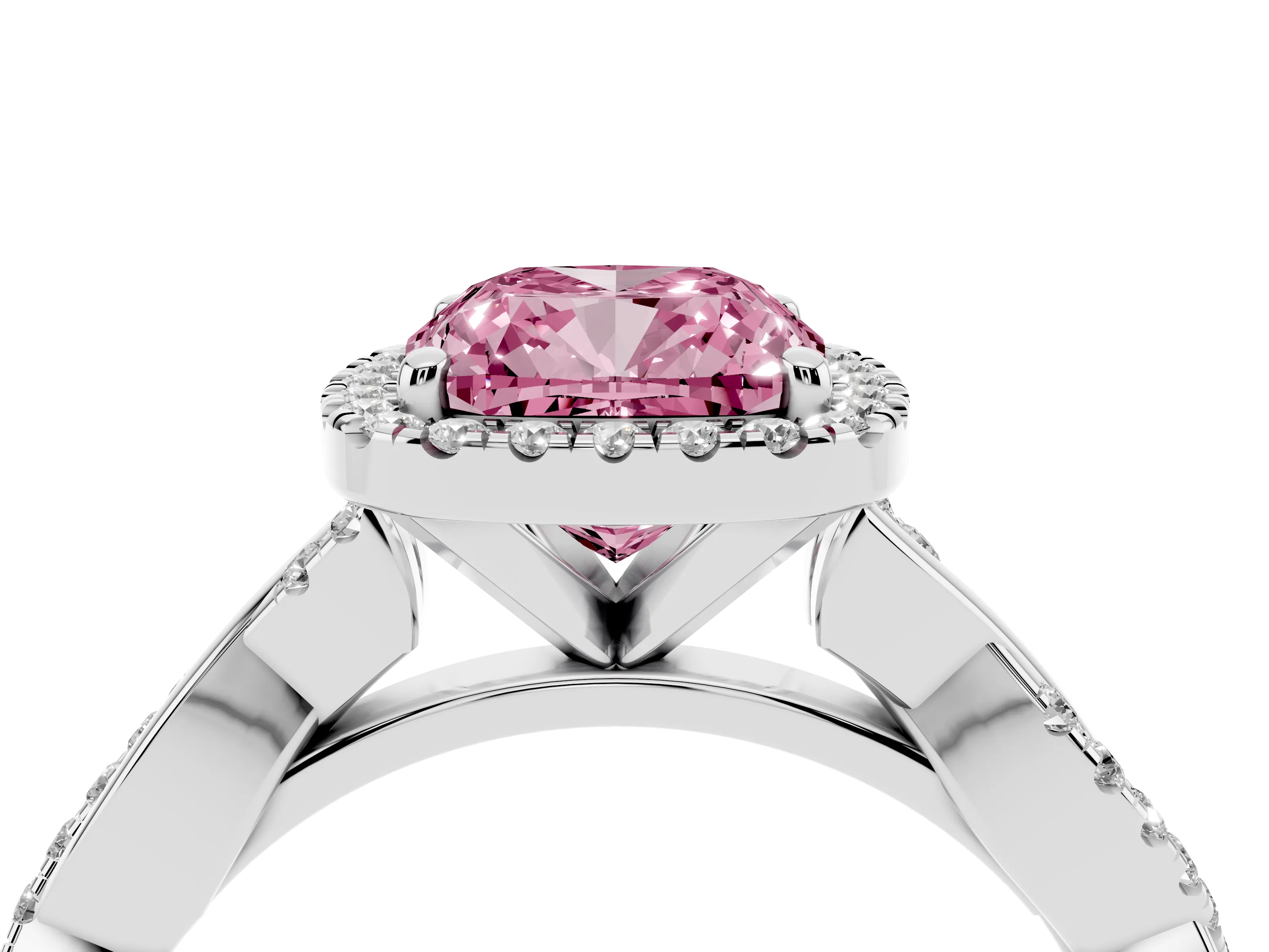 Fancy Pink Cushion Cut Diamond Halo Twisted Band Ring Set in Platinum with Prong Setting