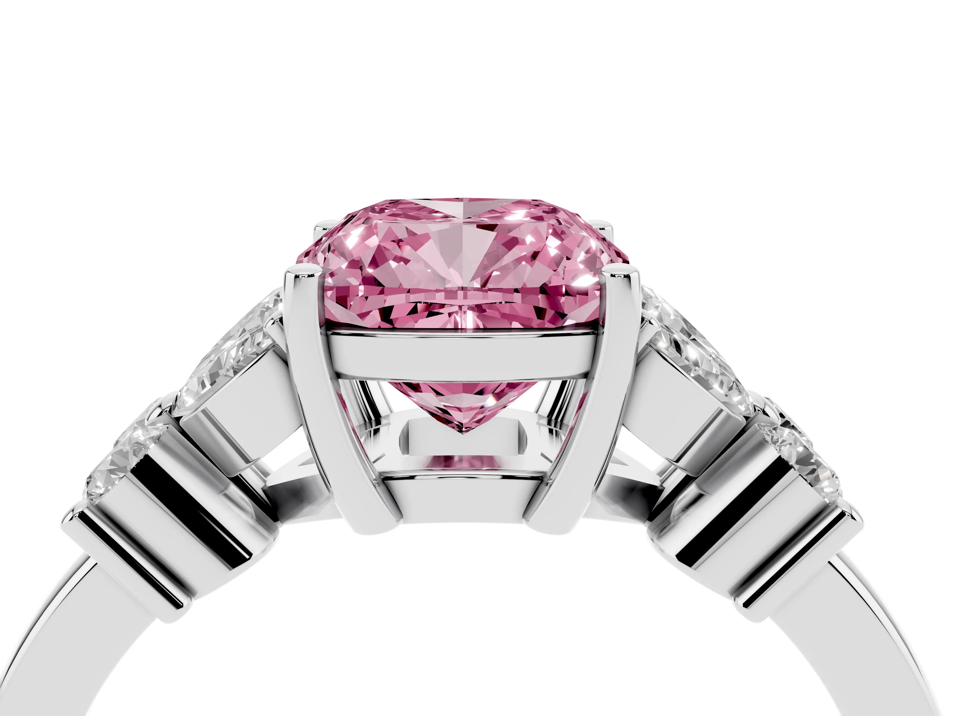 Fancy Pink Cushion Cut Diamond Floral Cluster Ring Set in Silver with Marquise Petals and Prong Setting