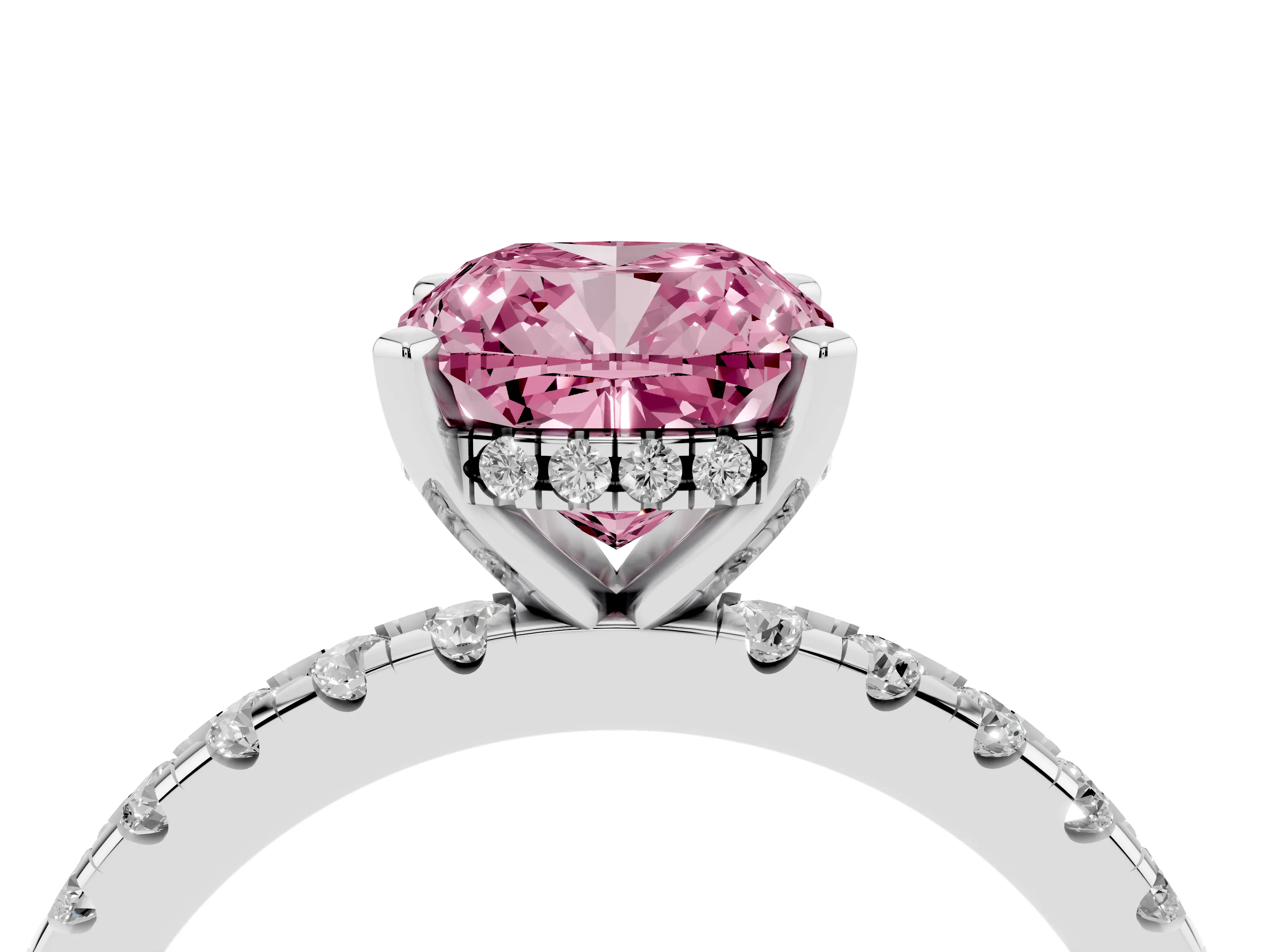 Fancy Pink Cushion Cut Diamond Pavé Solitaire Ring Set in White gold with Round Band Accents and Prong Setting