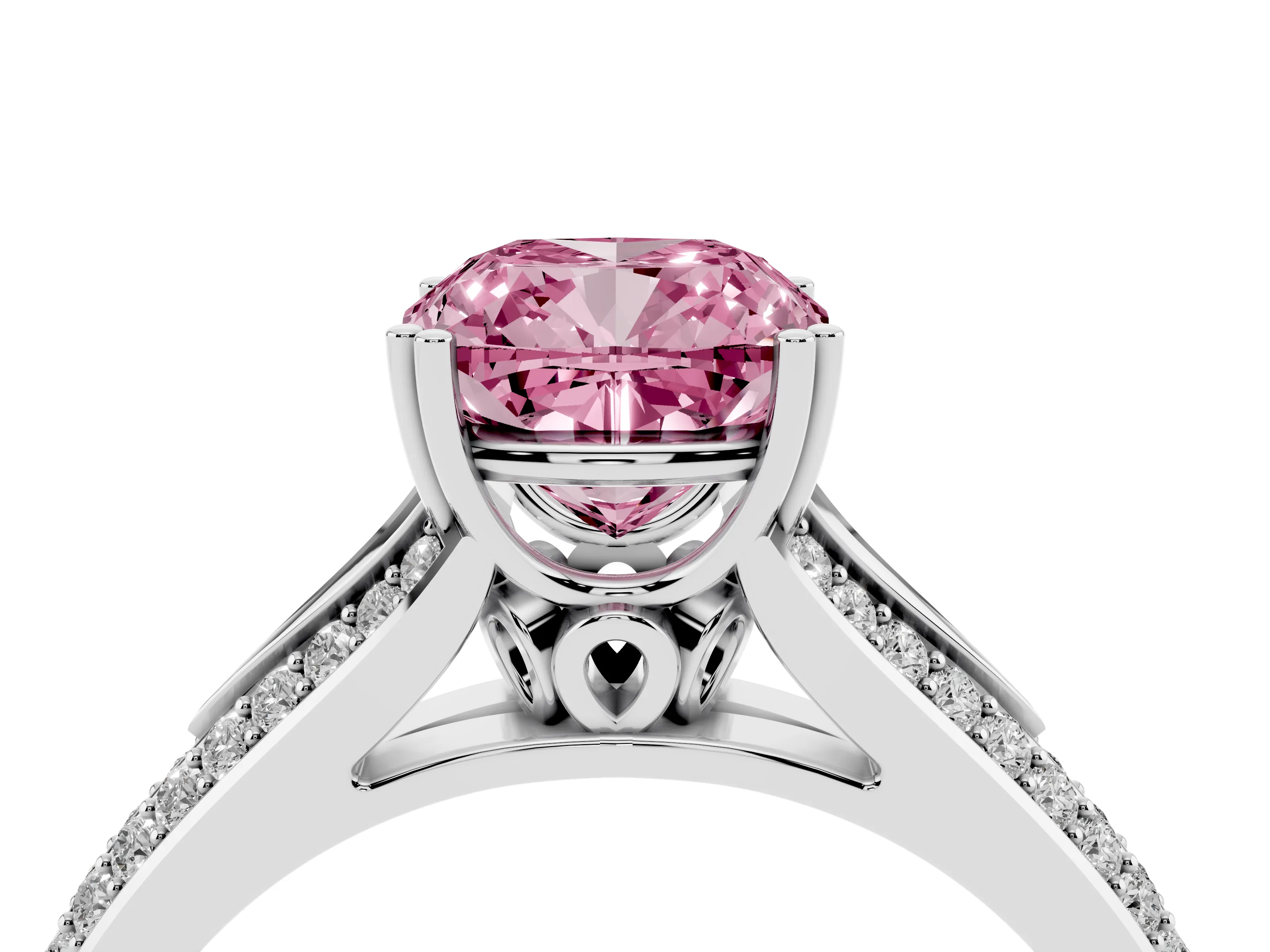Fancy Pink Cushion Cut Diamond Split Shank Pavé Engagement Ring Set in White gold with Prong-Set Center Stone