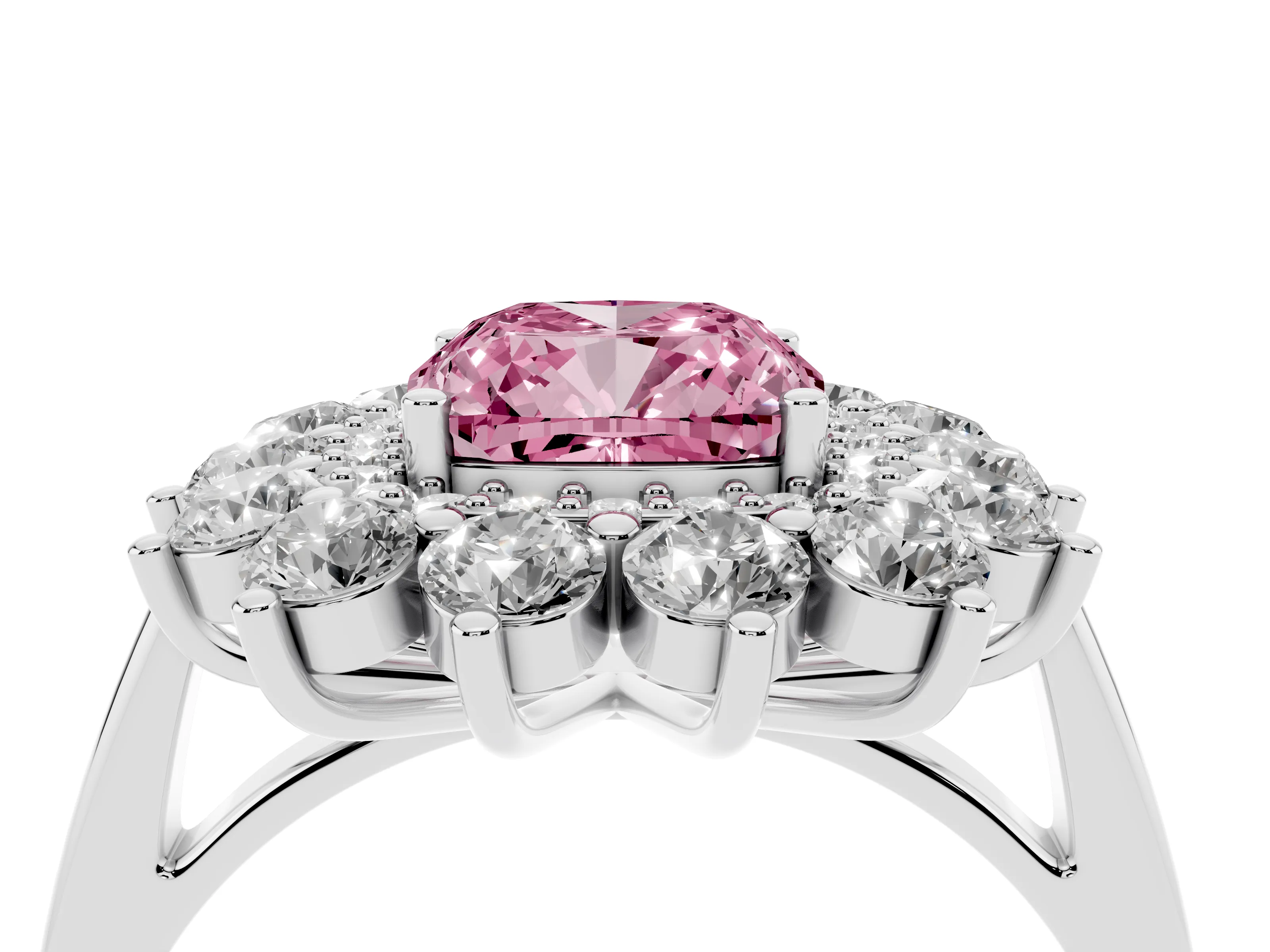 Fancy Pink Cushion Cut Diamond Floral Double Halo Ring Set in White gold with Round Petals