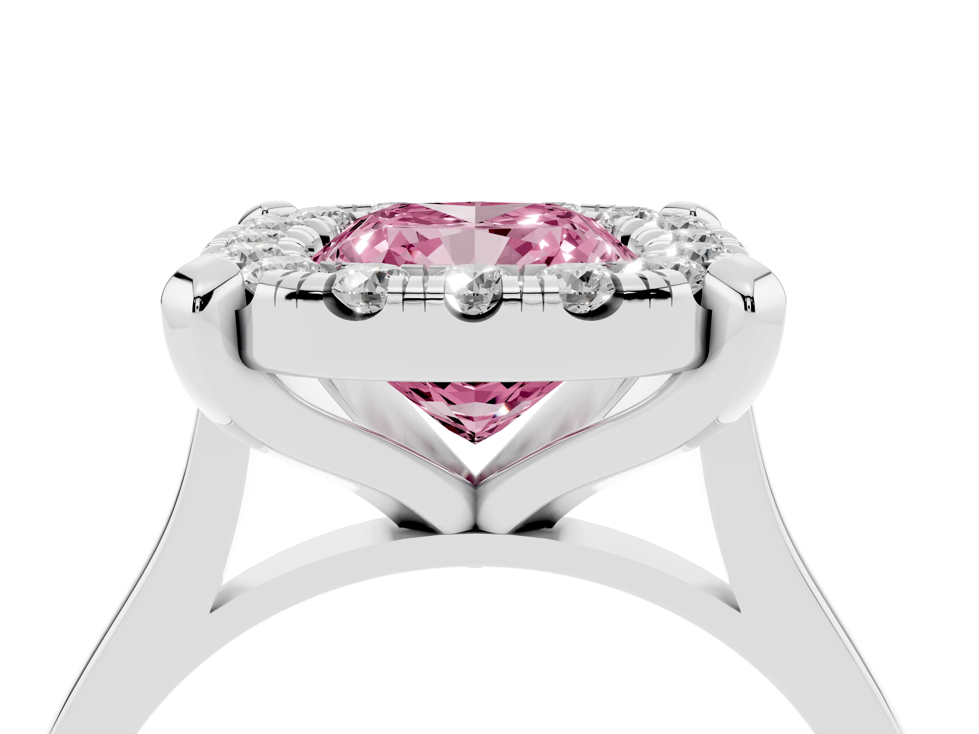 Fancy Pink Cushion Cut Diamond Cluster Halo Solitaire Ring Set in Silver with Prong Setting