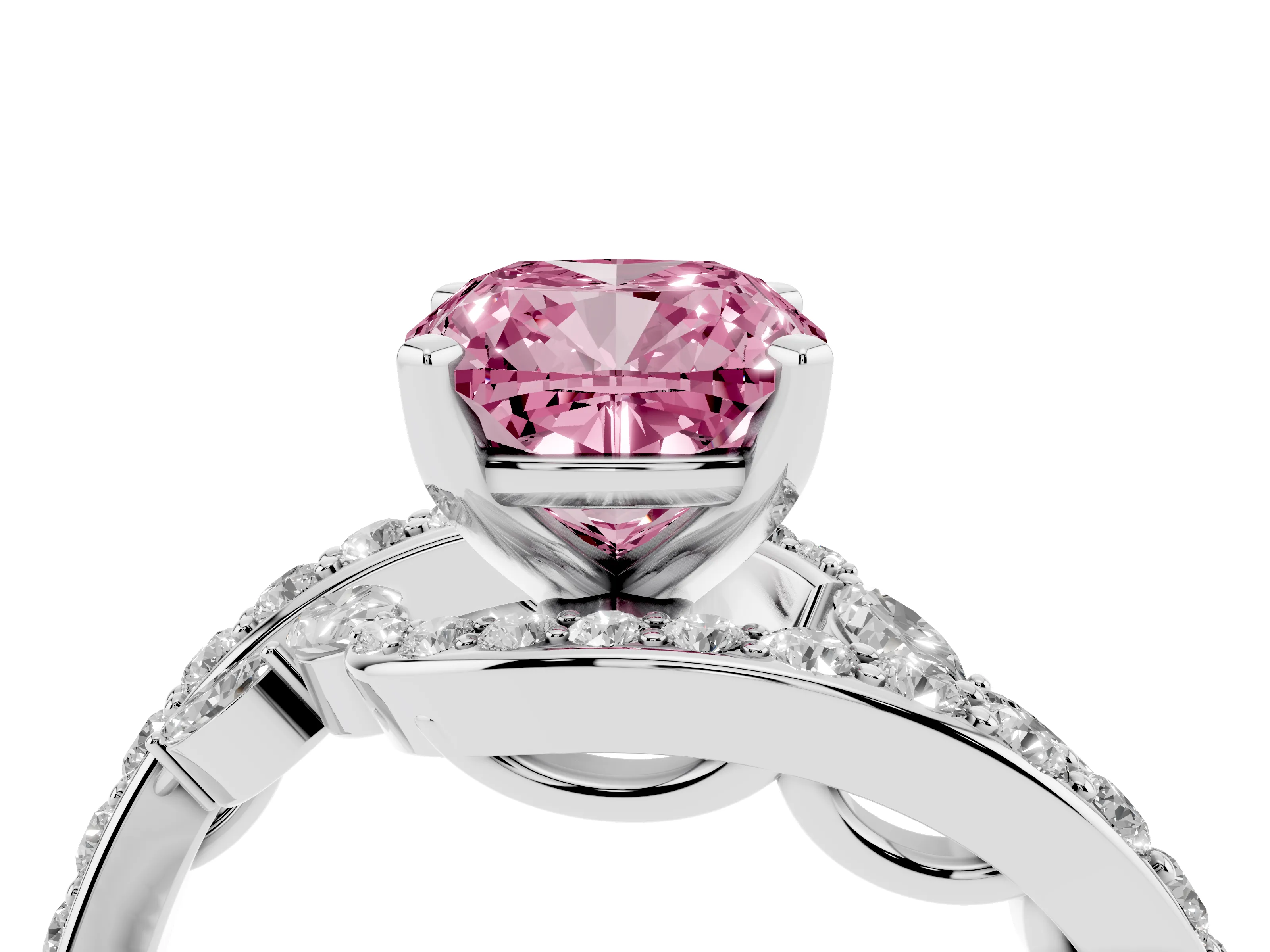 Fancy Pink Cushion Cut Diamond Solitaire Ring Set in Platinum with Filigree Band and Prong Setting