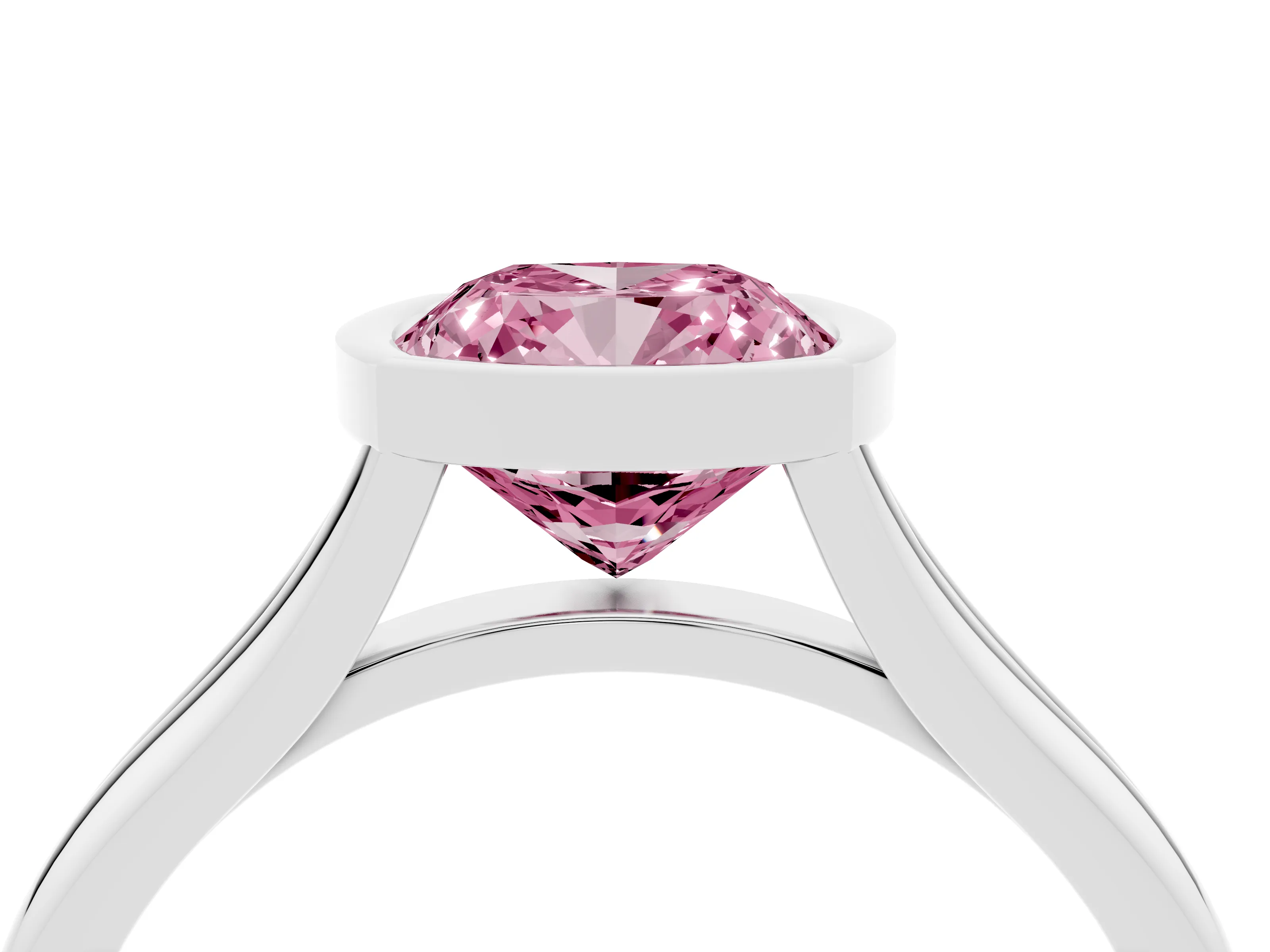 Fancy Pink Bezel Set Cushion Cut Diamond Solitaire Ring Set in Silver with Tapered Band