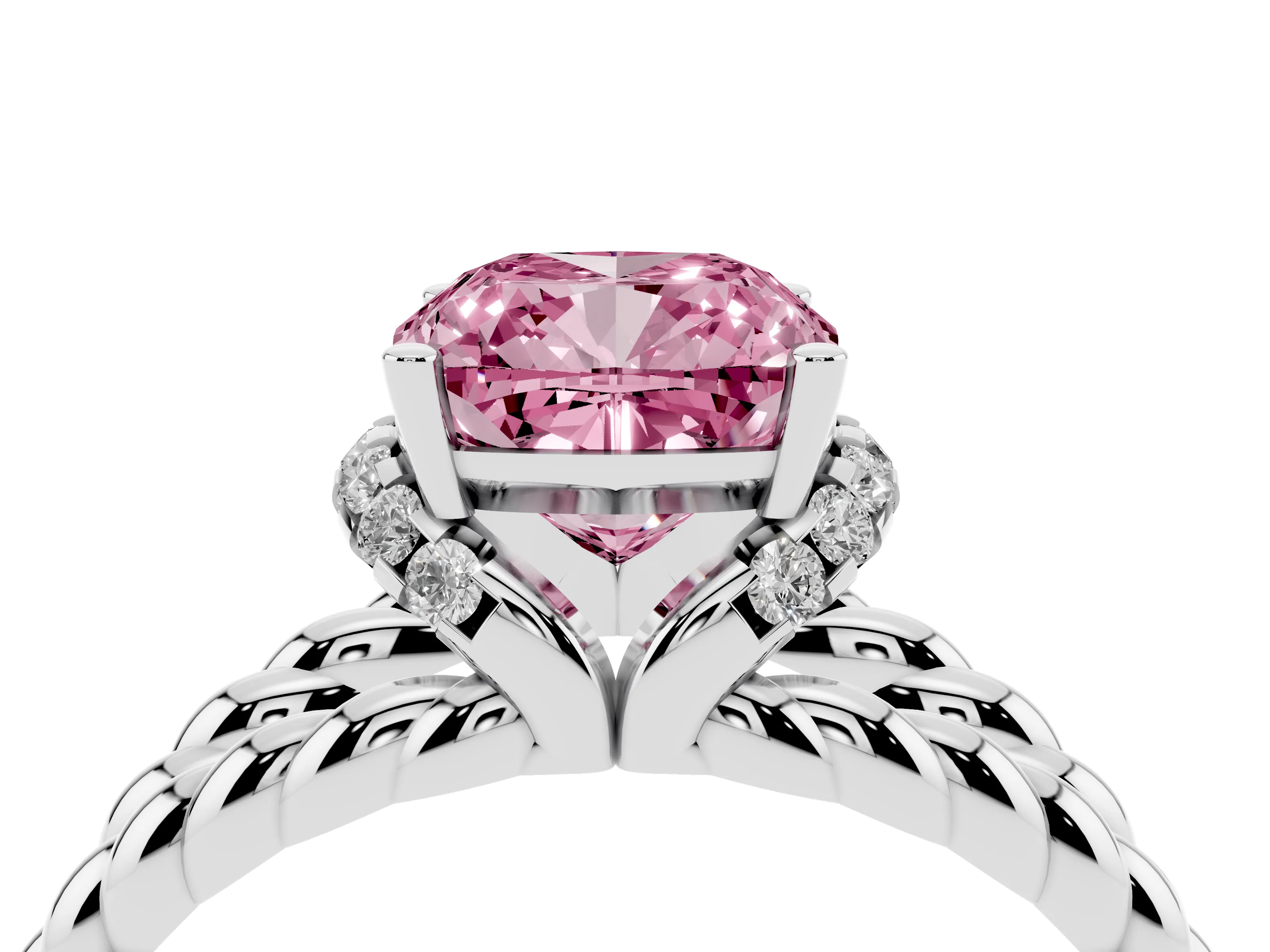 Fancy Pink Cushion Cut Diamond Halo Ring Set in White gold with Twisted Band and Prong Setting