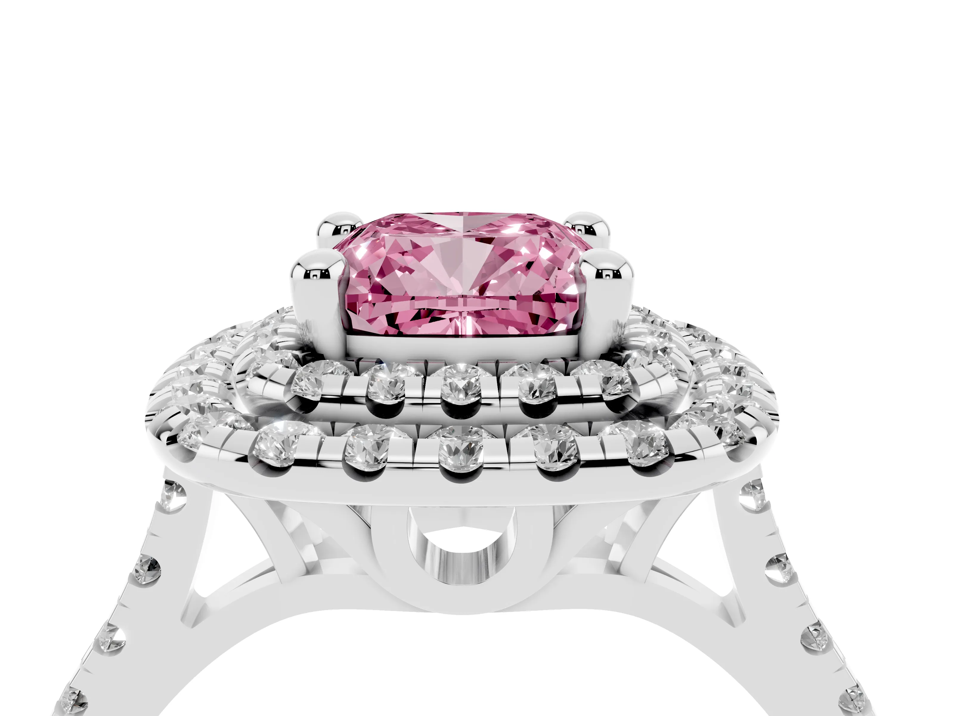 Fancy Pink Cushion Cut Diamond Double Halo Statement Ring Set in Platinum with Pavé Band