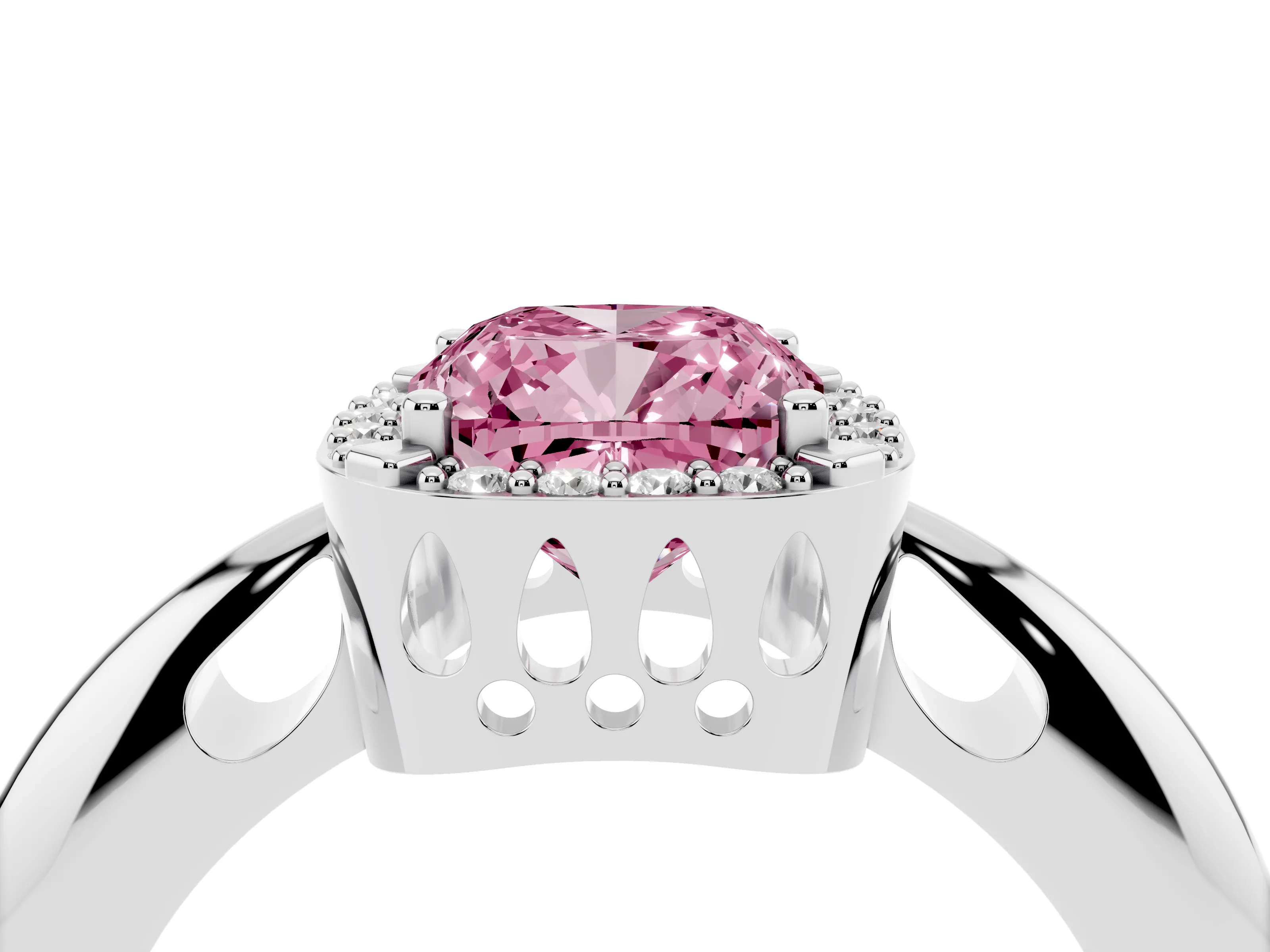 Fancy Pink Cushion Cut Diamond Halo Engagement Ring Set in White gold with Plain Split Shank and Prong Setting