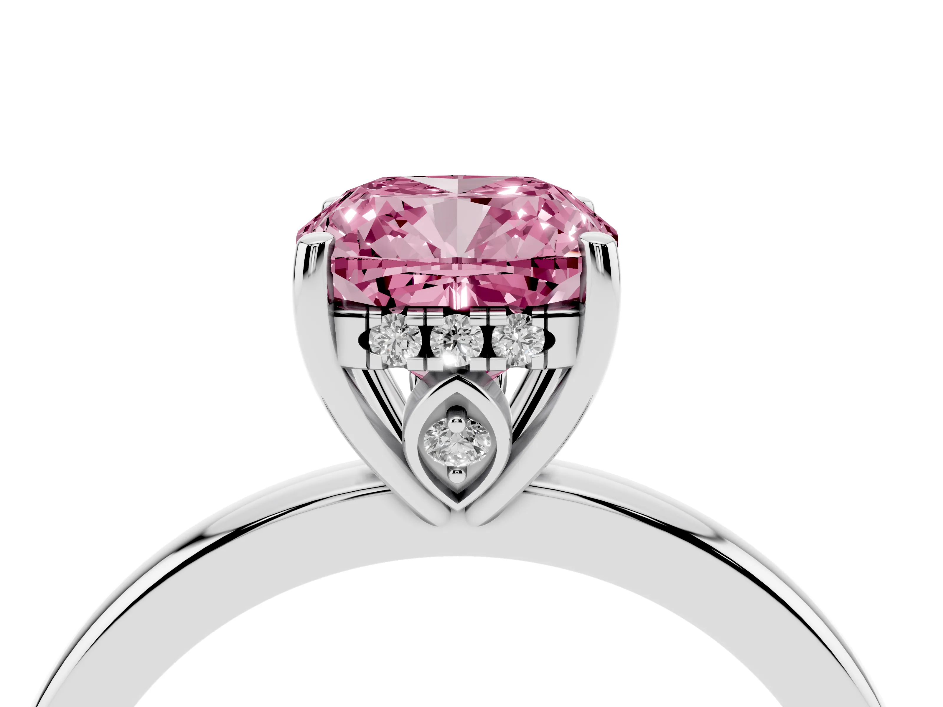 Fancy Pink Cushion Cut Diamond Solitaire Ring Set in Silver with Plain Band and Prong Setting