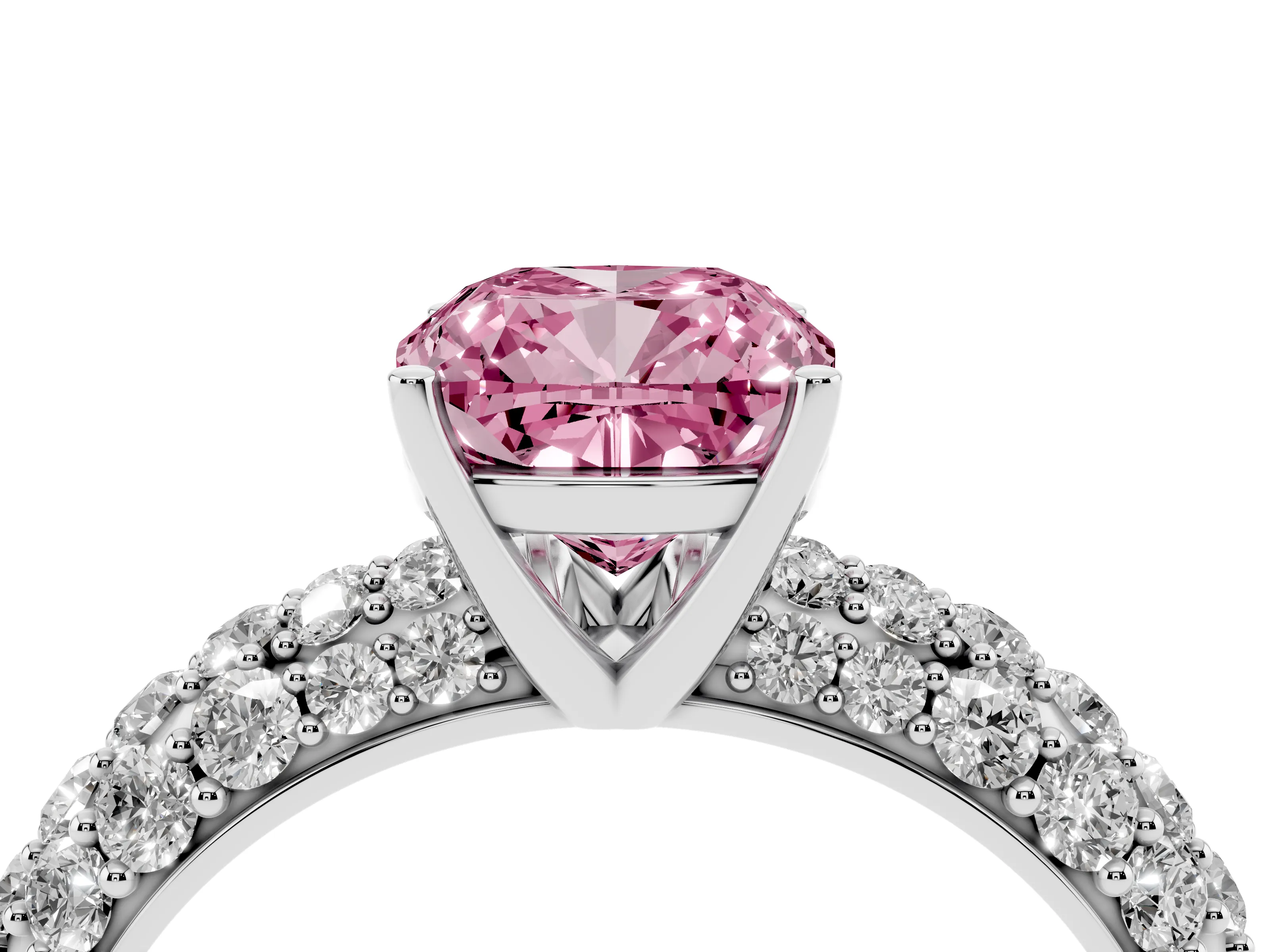 Fancy Pink Cushion Cut Diamond Pavé Band Solitaire Ring Set in White gold with Close-Set Accent Stones and Prong Setting
