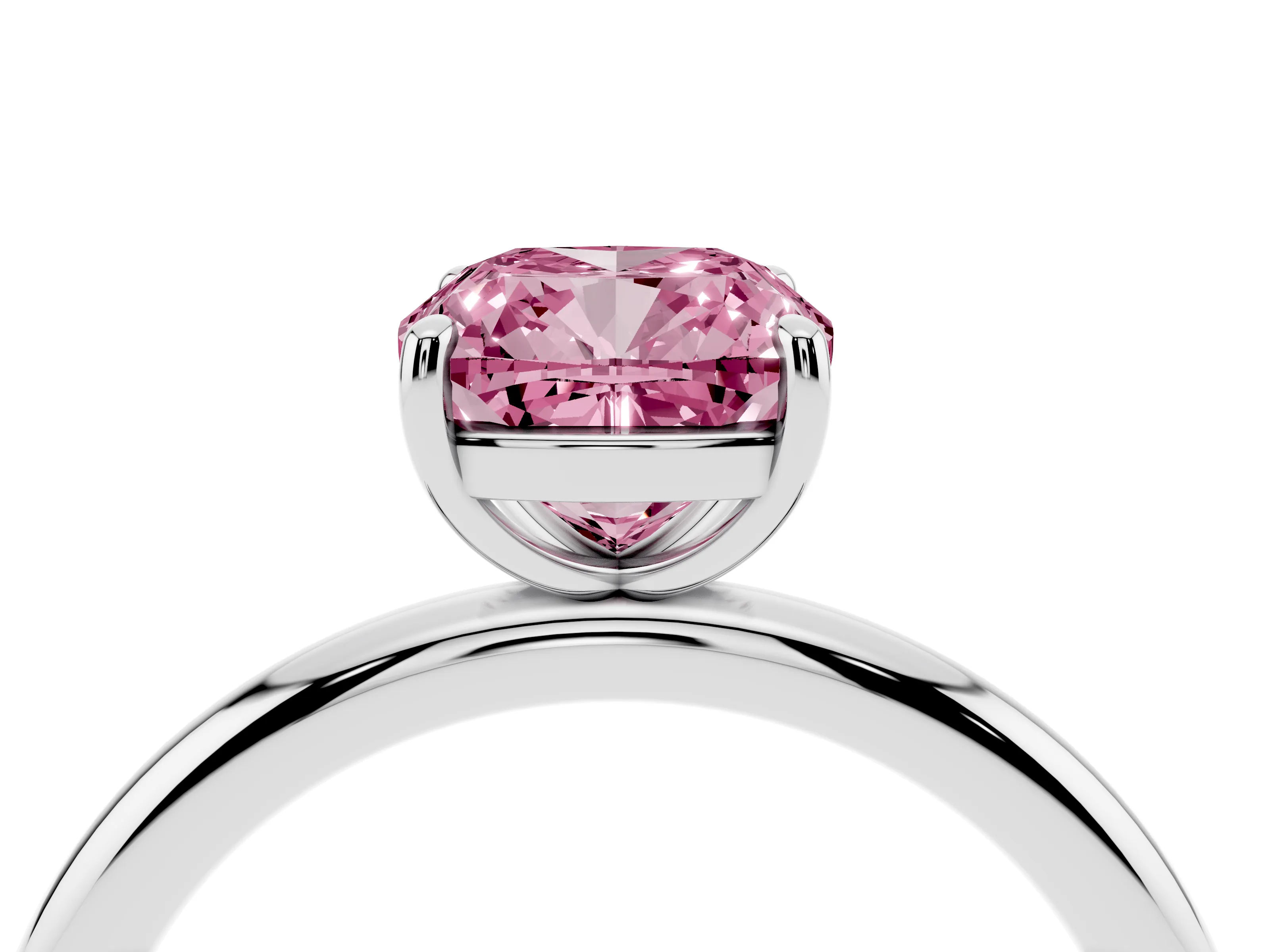 Fancy Pink Cushion Cut Diamond Solitaire Ring Set in Silver with Prong Setting on a Polished Plain Band