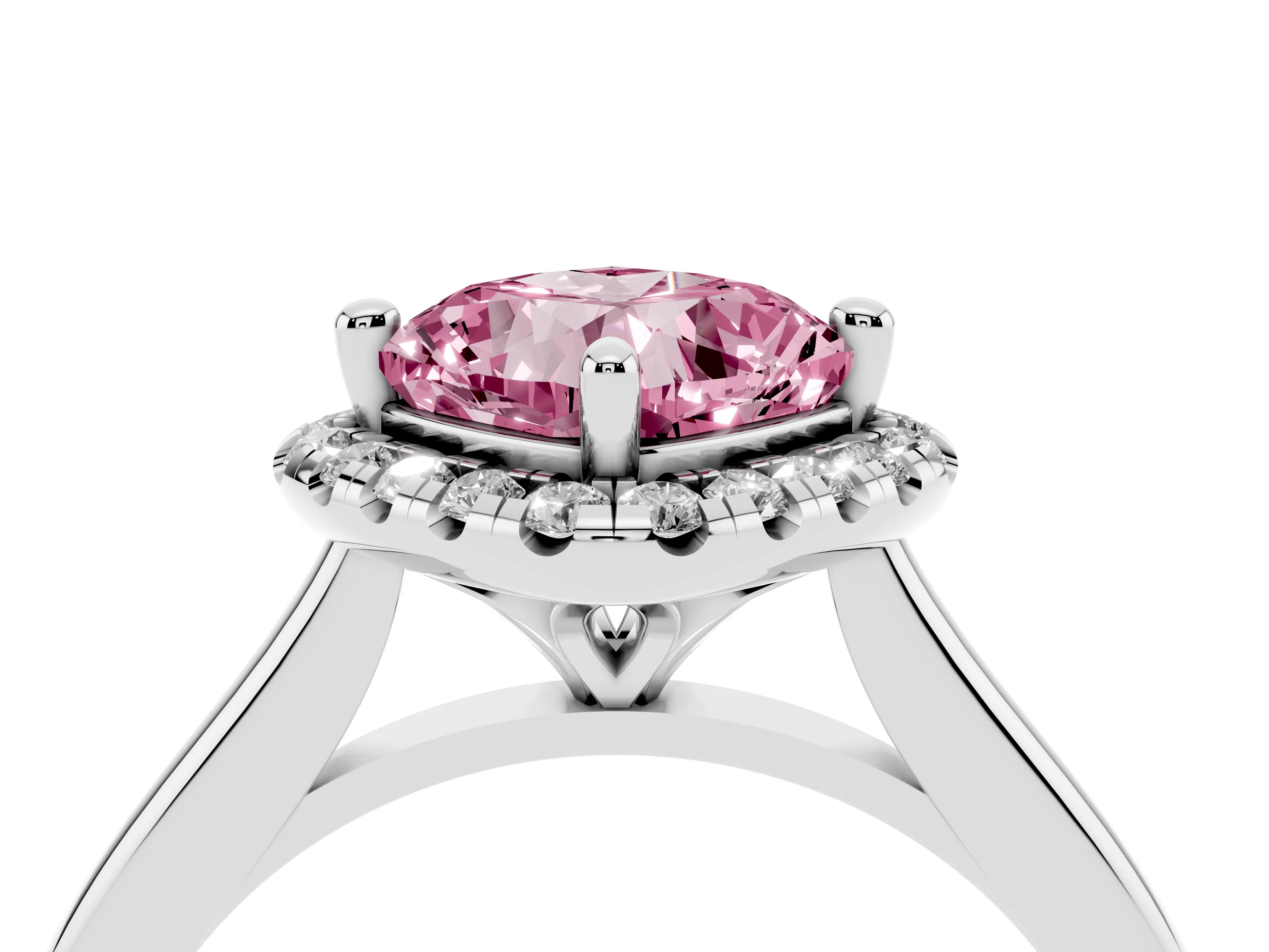 Fancy Pink Cushion Cut Diamond Halo Engagement Ring Set in Platinum with Pavé Band and Rising Shoulders
