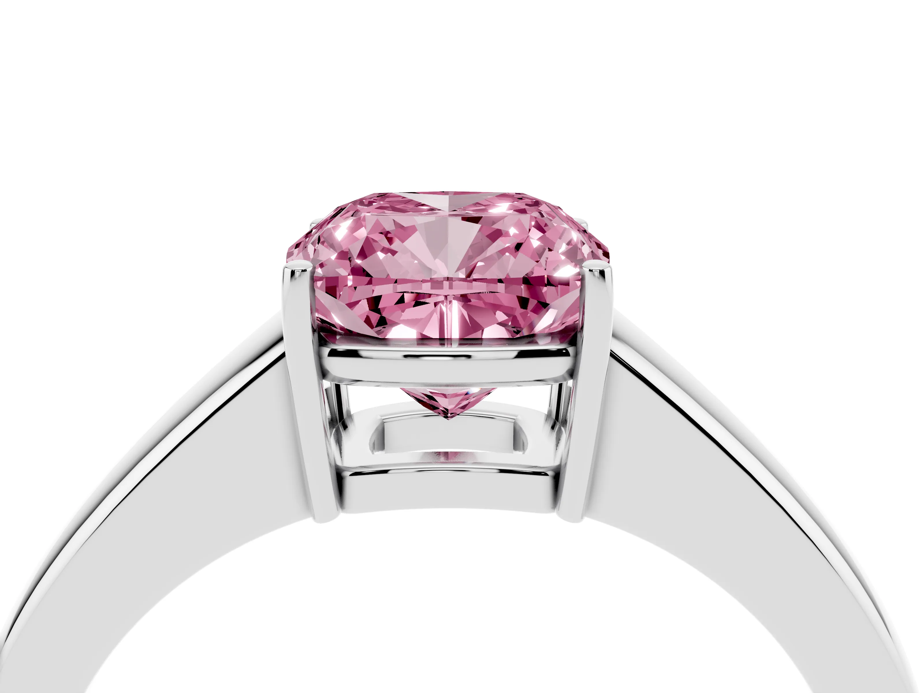 Fancy Pink Cushion Cut Diamond Solitaire Ring Set in White gold with Tapered Band and Prong Setting