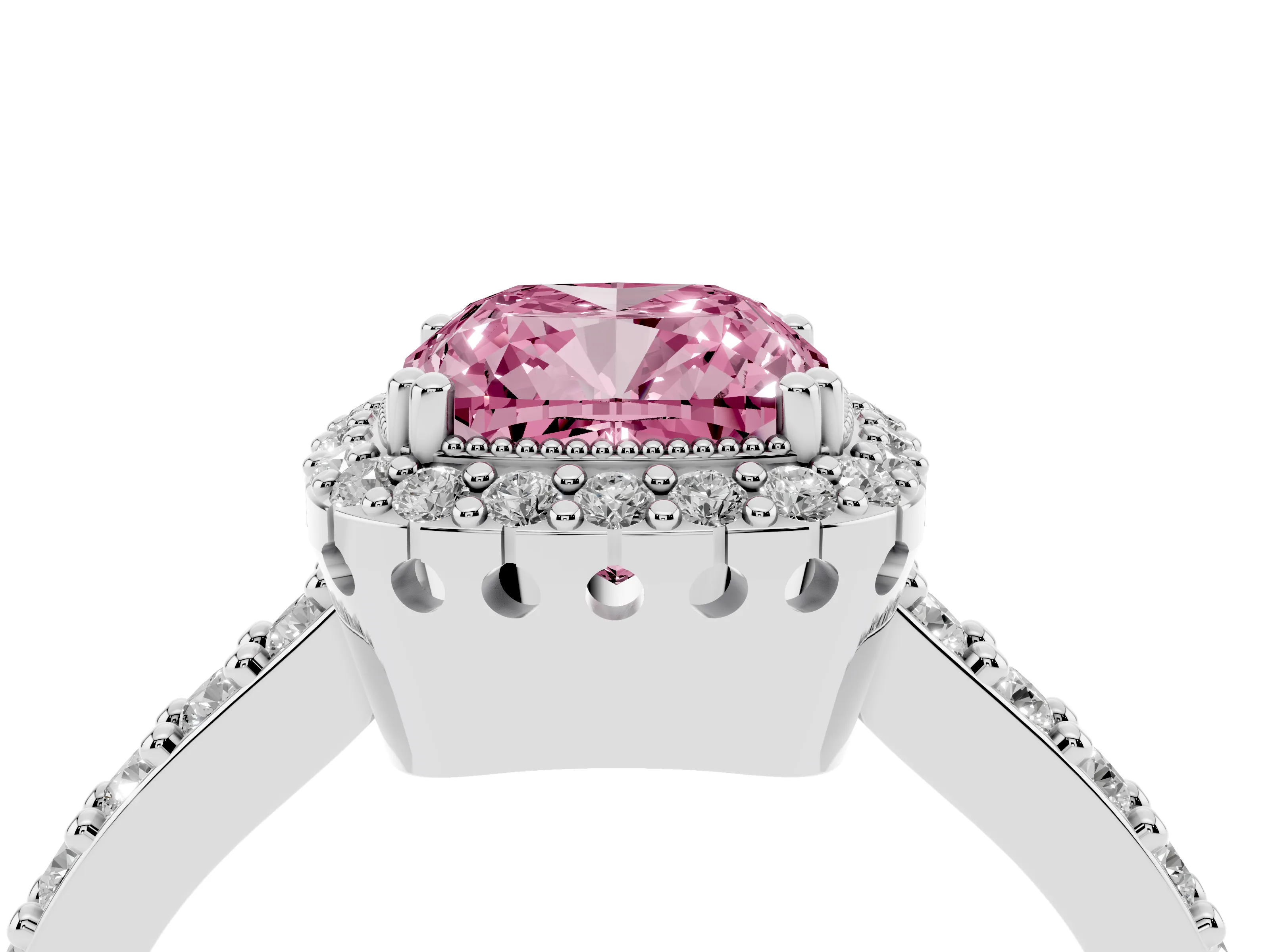 Fancy Pink Cushion Cut Diamond Halo Engagement Ring Set in Platinum with Milgrain Detail and Pavé Band