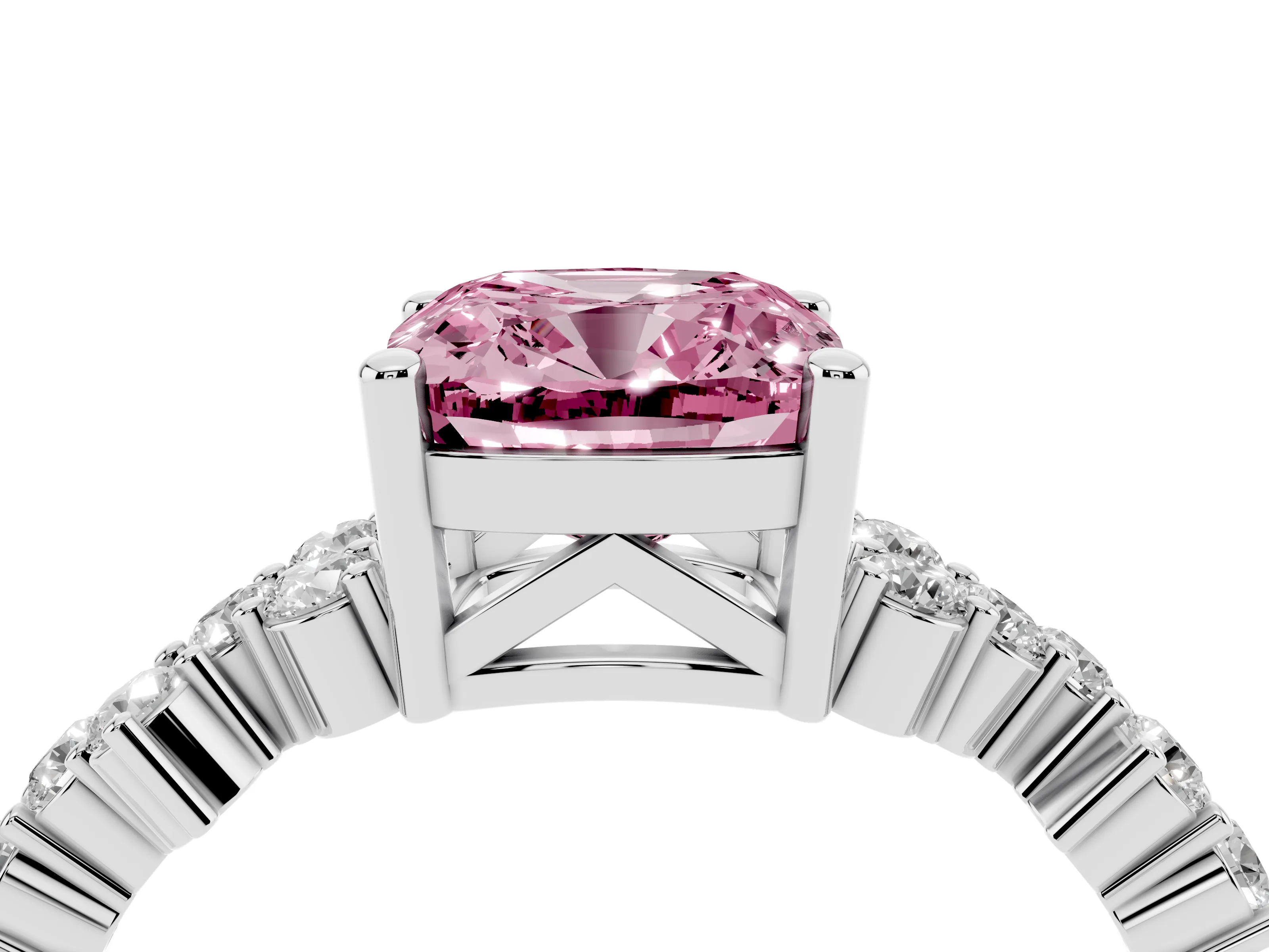 Fancy Pink Cushion Cut Diamond Ring Set in White gold with Scattered Round Accents
