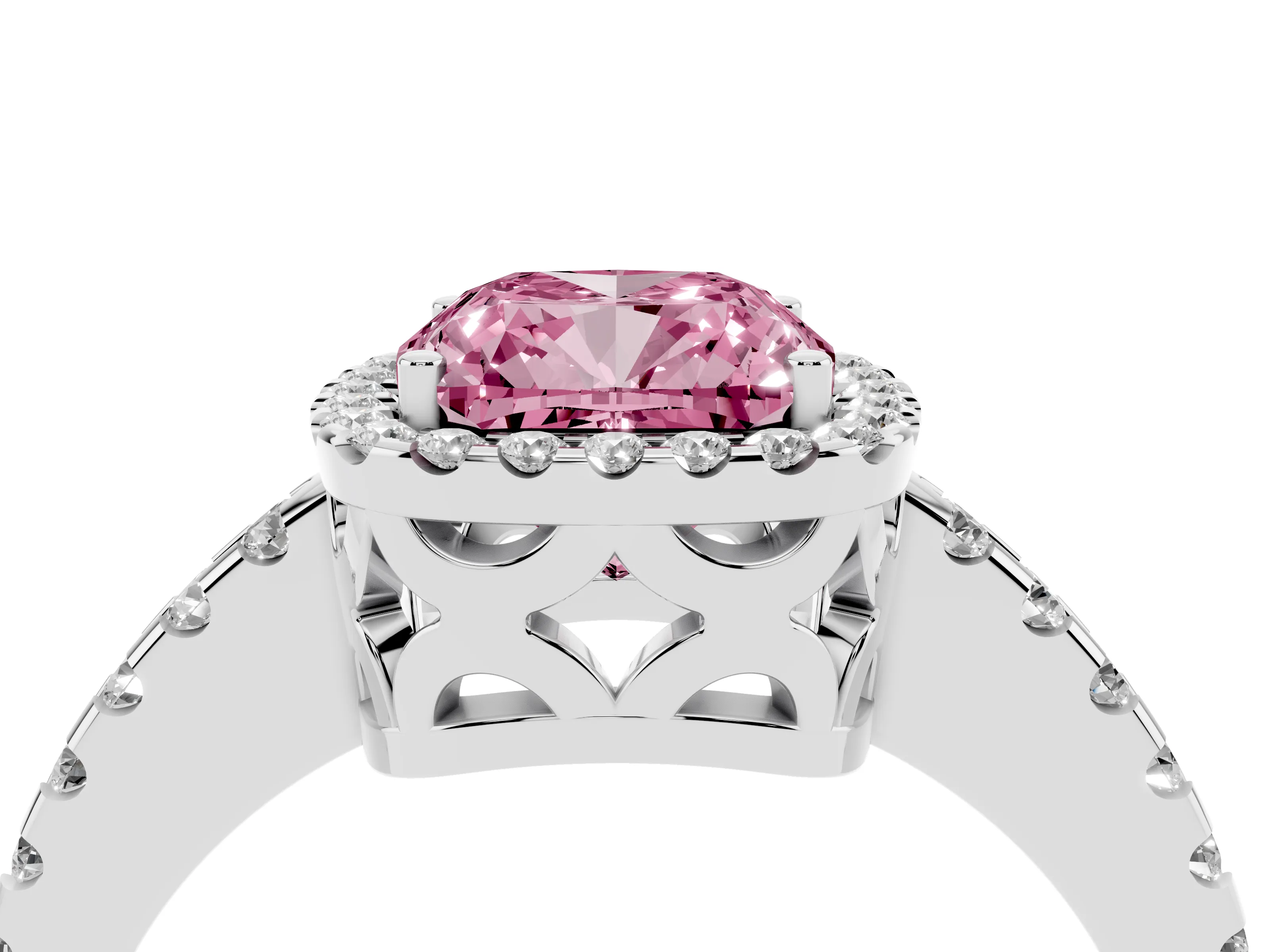 Fancy Pink Cushion Cut Diamond Halo Ring Set in White gold with Pavé Shoulders and Halo-Framed Center
