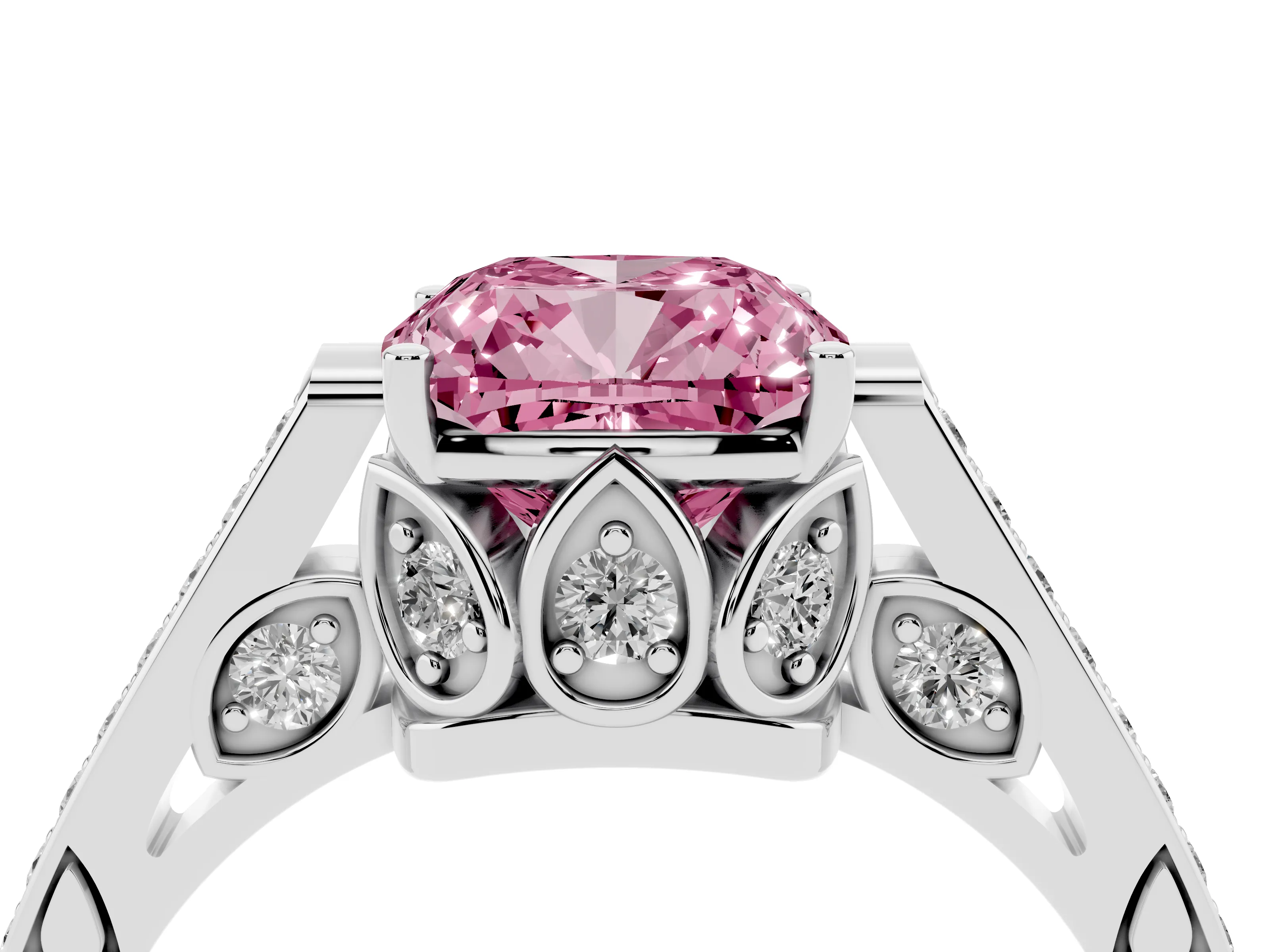 Fancy Pink Cushion Cut Diamond Cathedral Pavé Engagement Ring Set in Platinum with Prong Setting