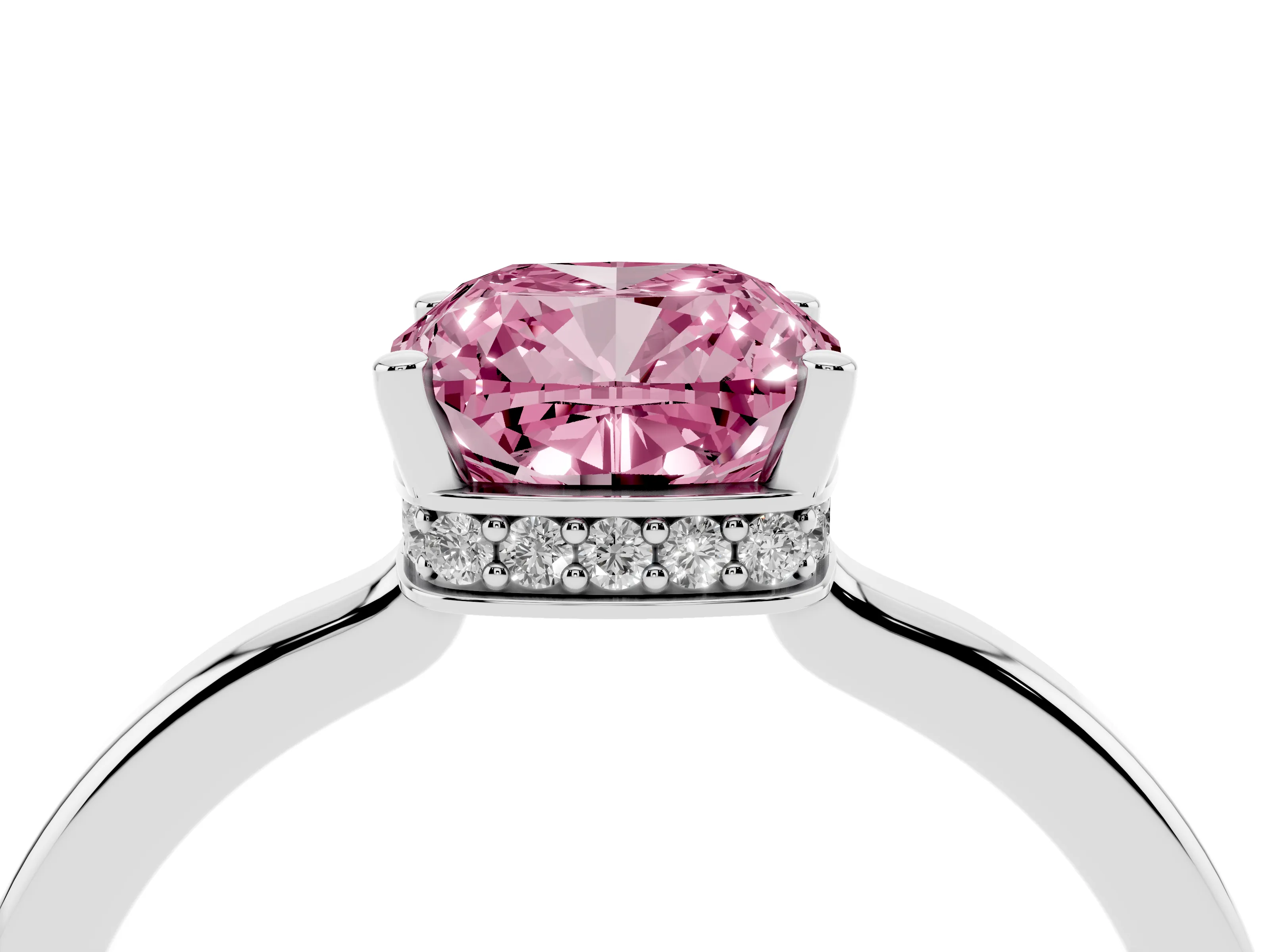 Fancy Pink Cushion Cut Diamond Solitaire Engagement Ring Set in White gold with Prong Setting on a Plain Band