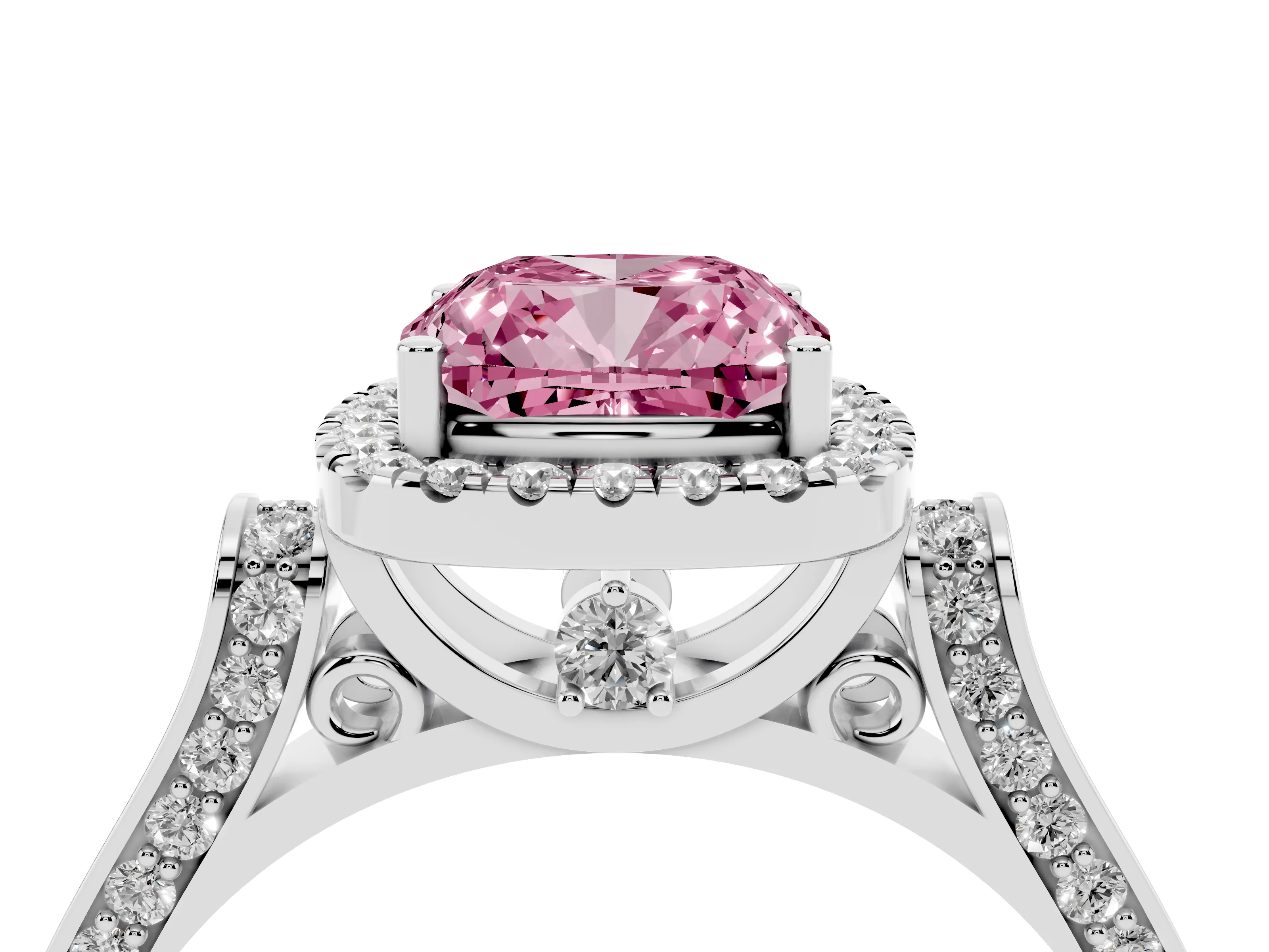 Fancy Pink Cushion Cut Diamond Halo Ring Set in Platinum with Pavé-Lined Split Shank Band