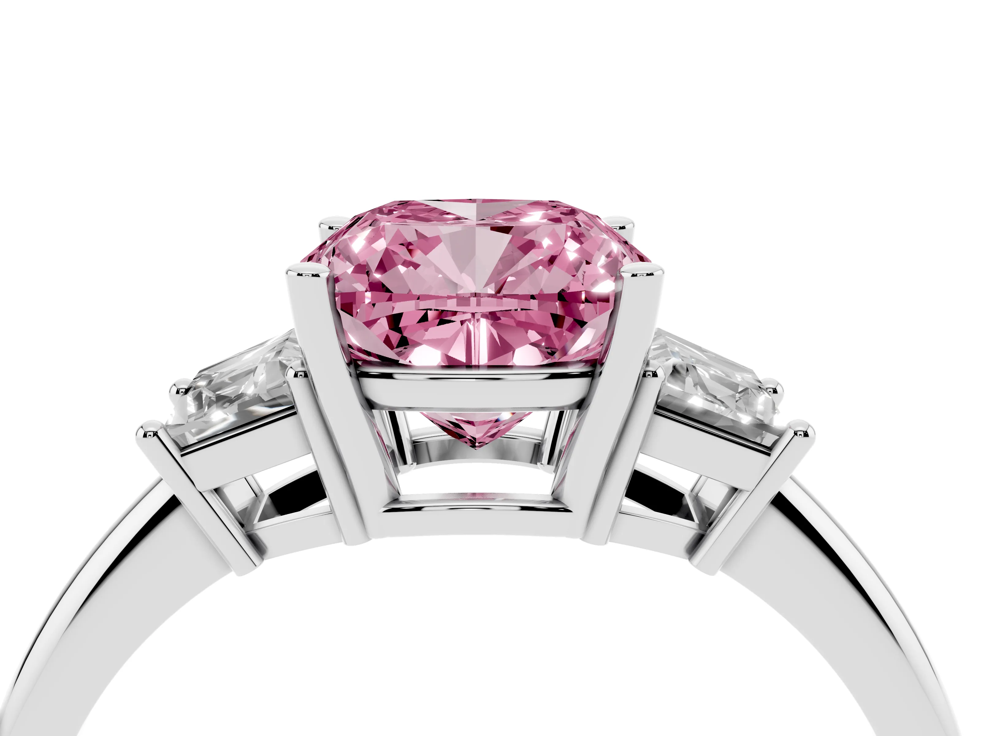 Fancy Pink Cushion Cut Diamond Three-Stone Ring Set in Silver with Trapezoid Side Stones and Prong Setting