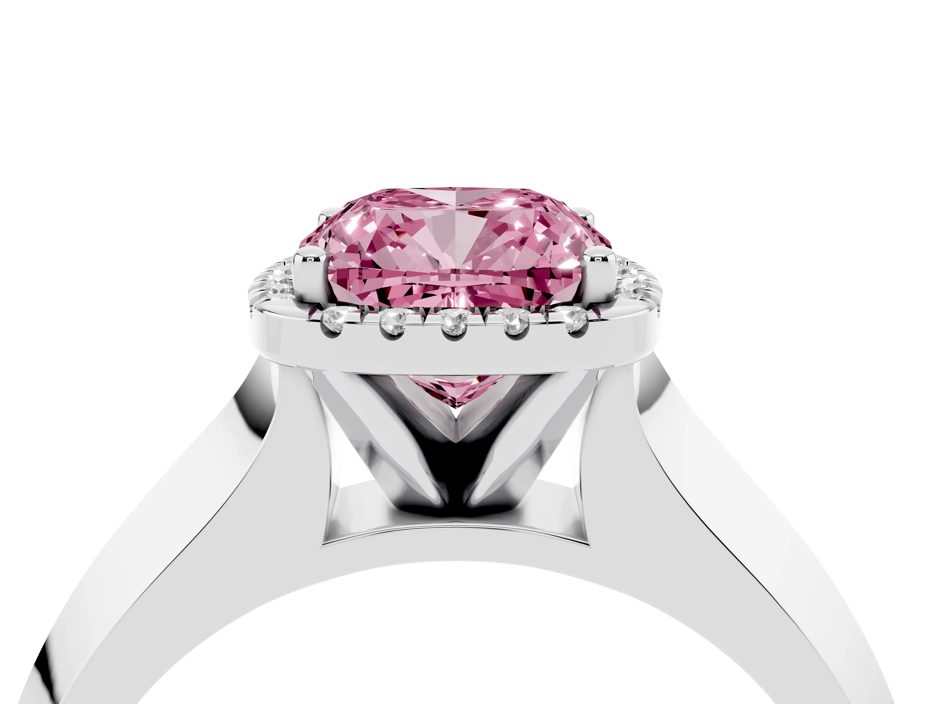 Fancy Pink Cushion Cut Diamond Halo Ring Set in Platinum with Cathedral Band and Prong Setting